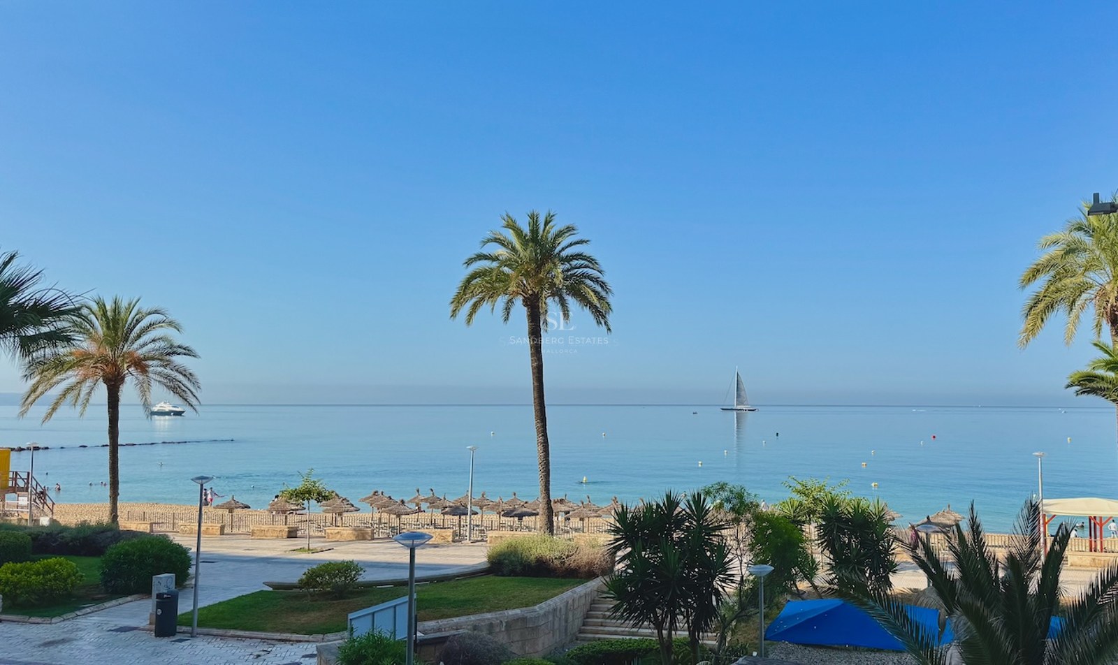 View of the turquoise Mediterranean Sea with palm trees, a sandy beach with straw umbrellas, and a sailboat.