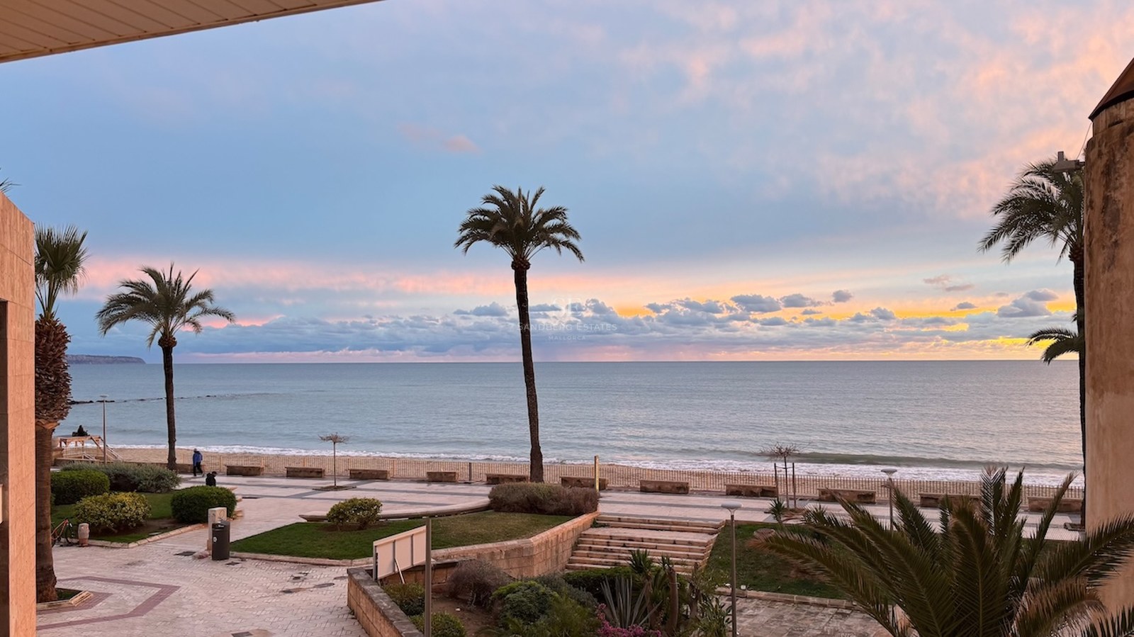 View of the beach and Mediterranean sea at sunset from a terrace overlooking a palm-lined promenade.
