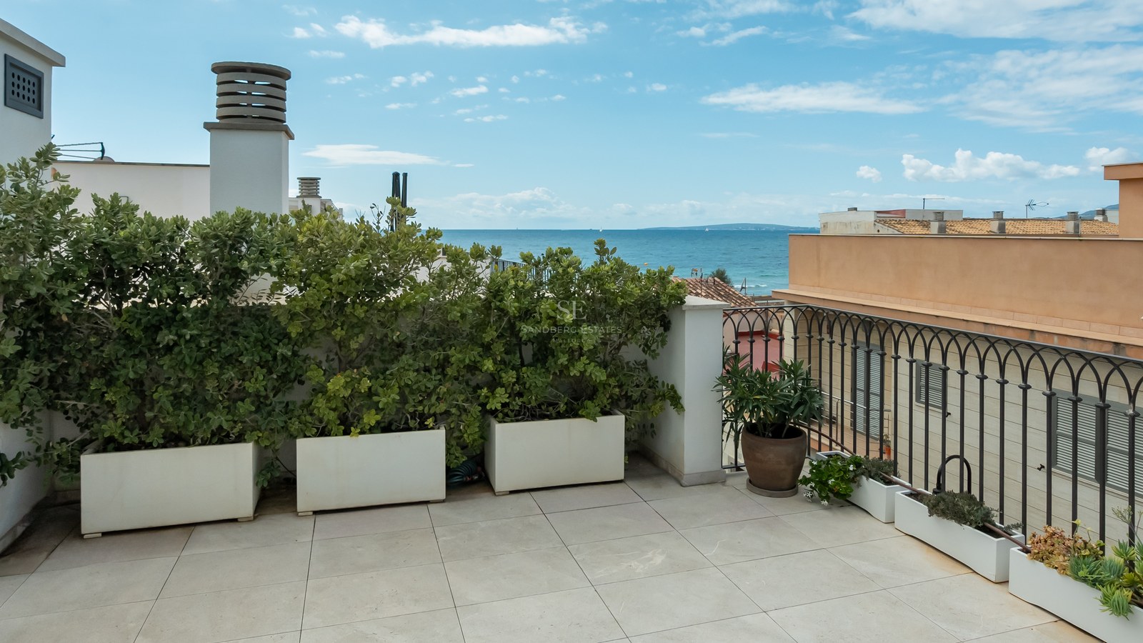 Une terrasse ensoleillée sur le toit avec de grands bacs à fleurs blancs, des buissons verts, une balustrade en fer forgé et une vue sur l'océan bleu.
