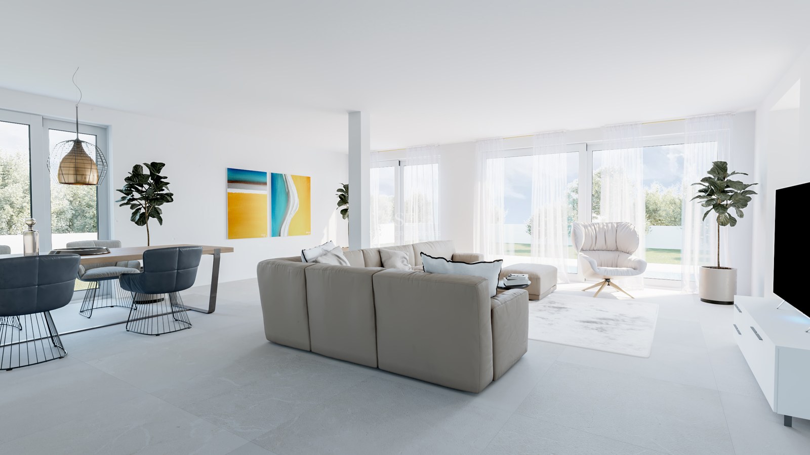 Heller, minimalistischer Wohnbereich mit beigem Sofa, blauen Essstühlen und großen Fenstern zum Garten.