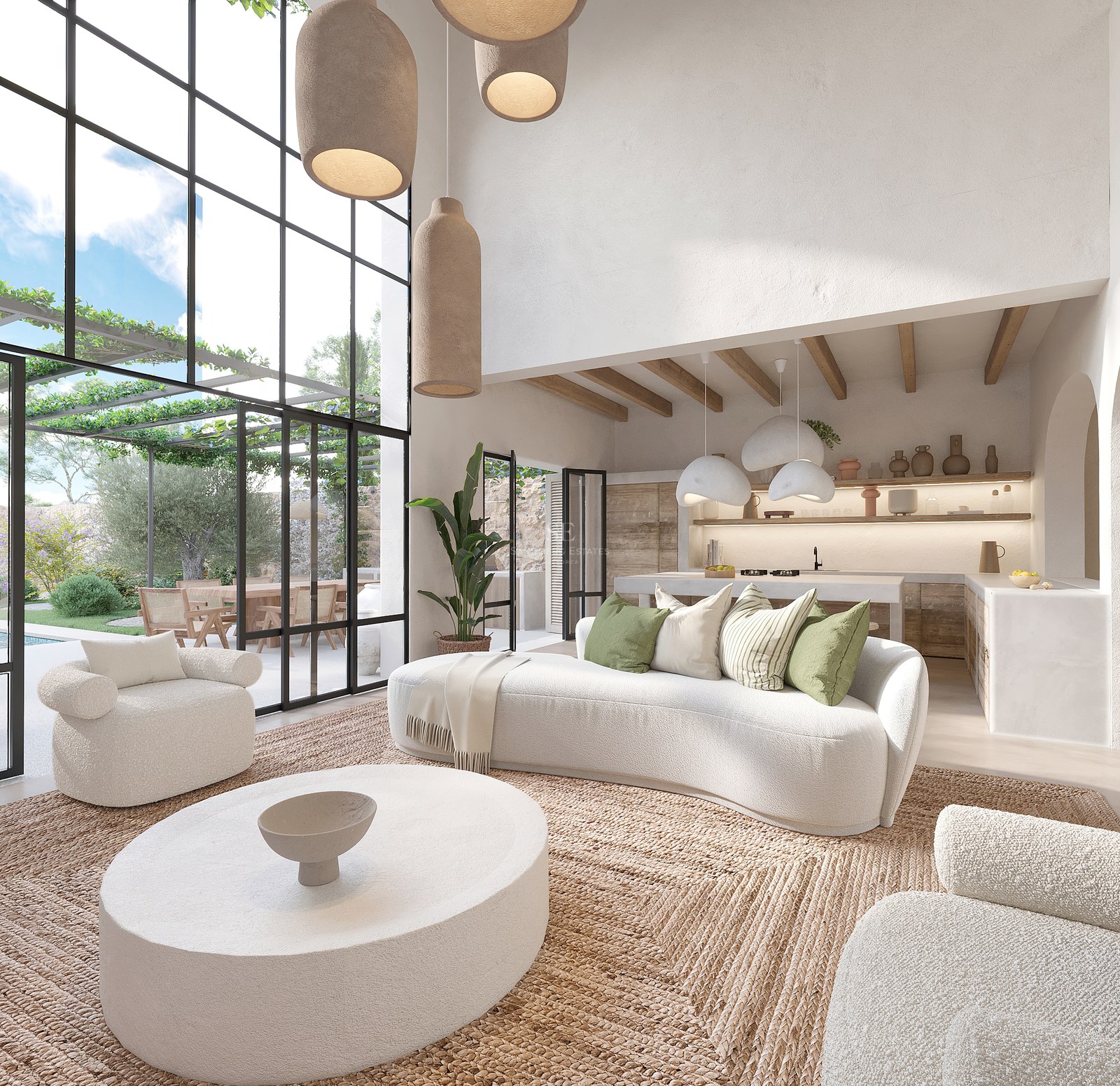Grand salon blanc avec canapés incurvés, tapis en jute et baies vitrées donnant sur une terrasse verdoyante.