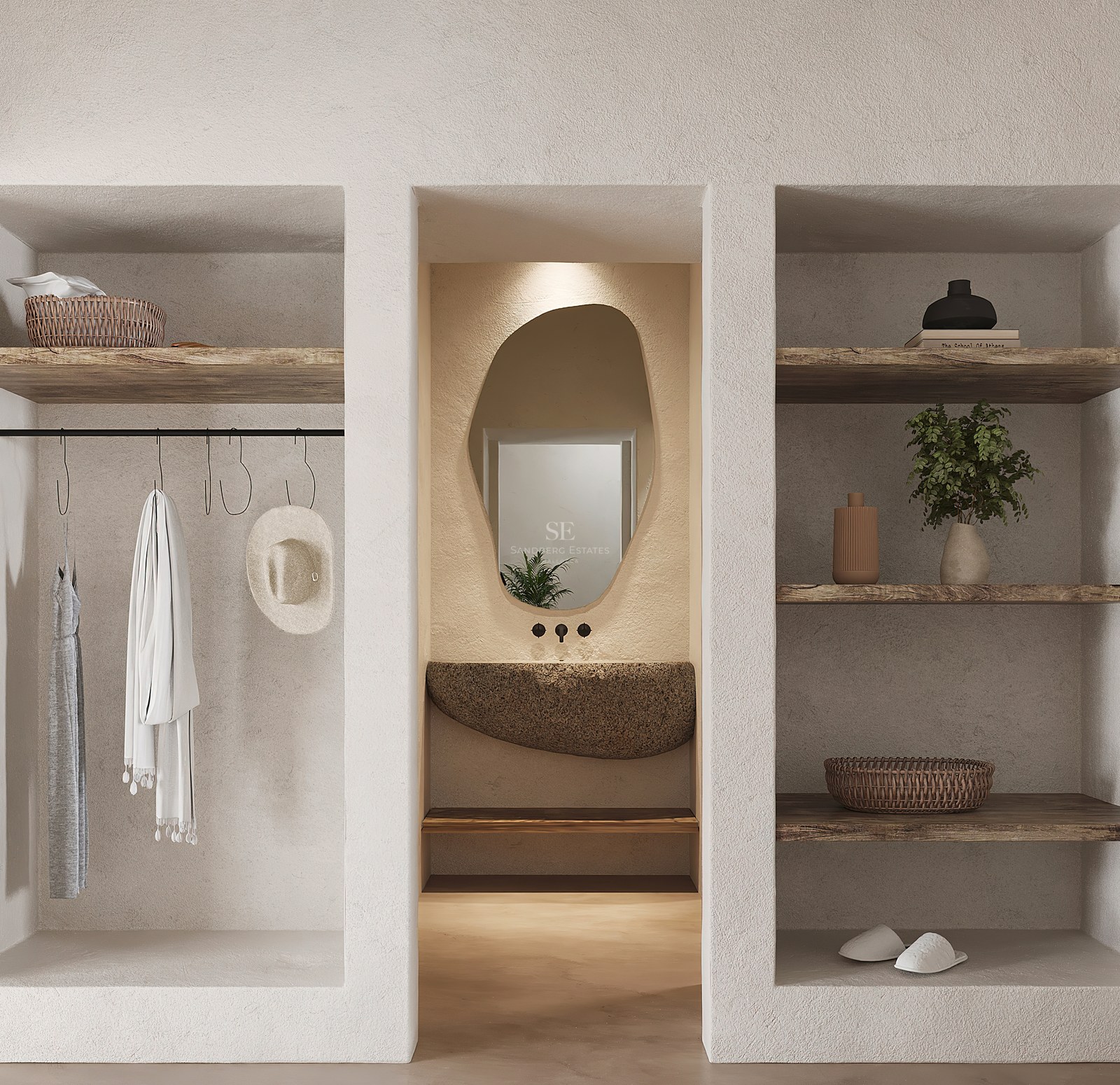 Dressing avec murs en plâtre texturé, étagères en bois brut, vasque en pierre naturelle et miroir organique.