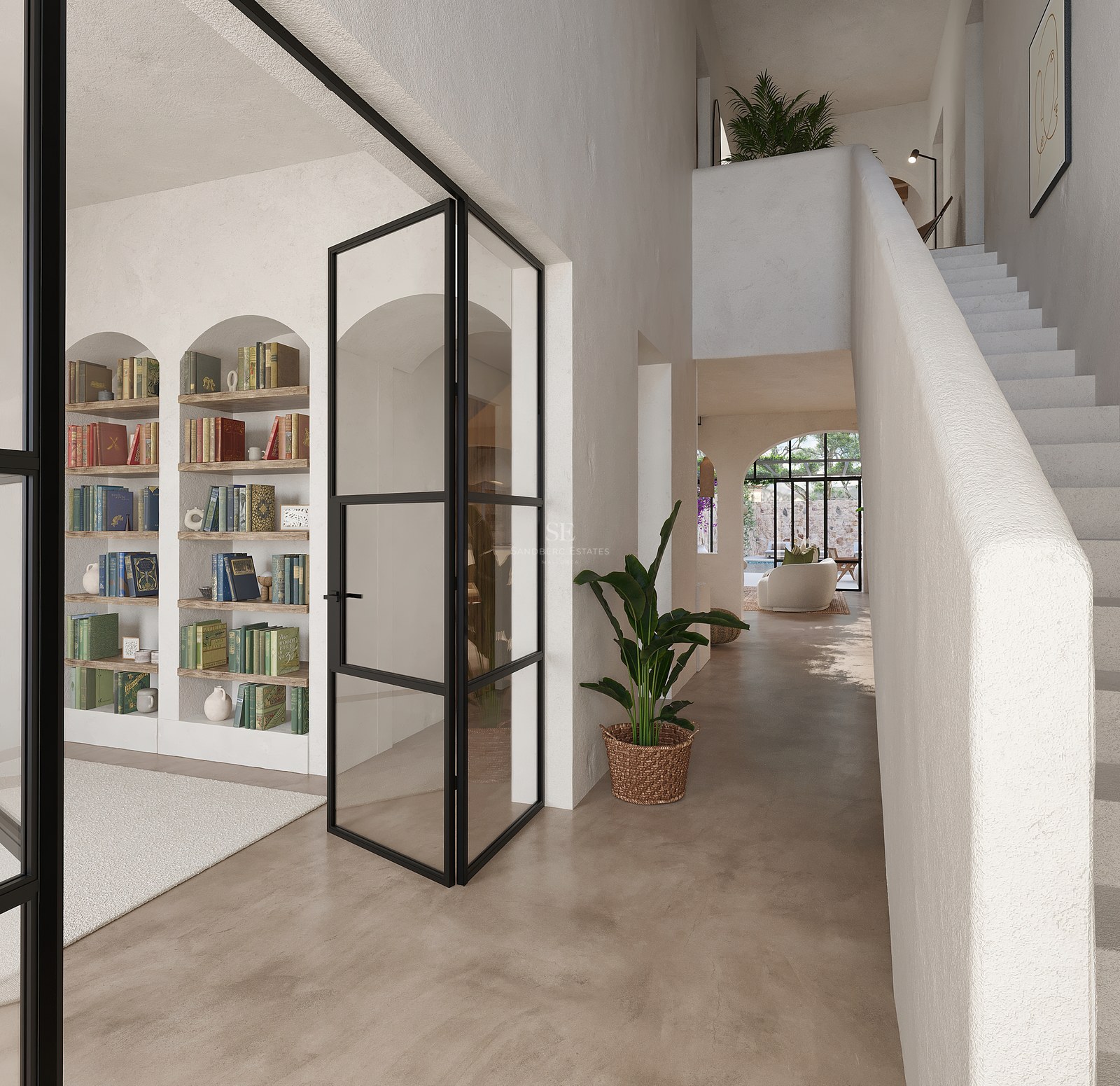 Couloir lumineux avec étagères cintrées intégrées, portes vitrées noires et escalier blanc minimaliste.
