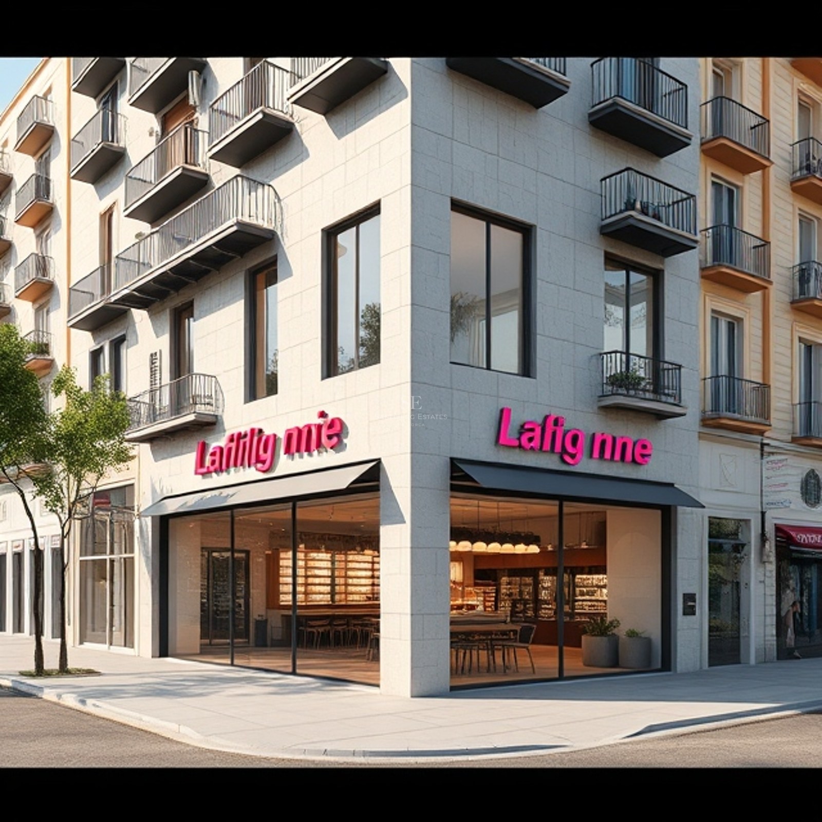 Exterior view of a modern multi-story corner building with cream stone cladding and minimalist black balconies.