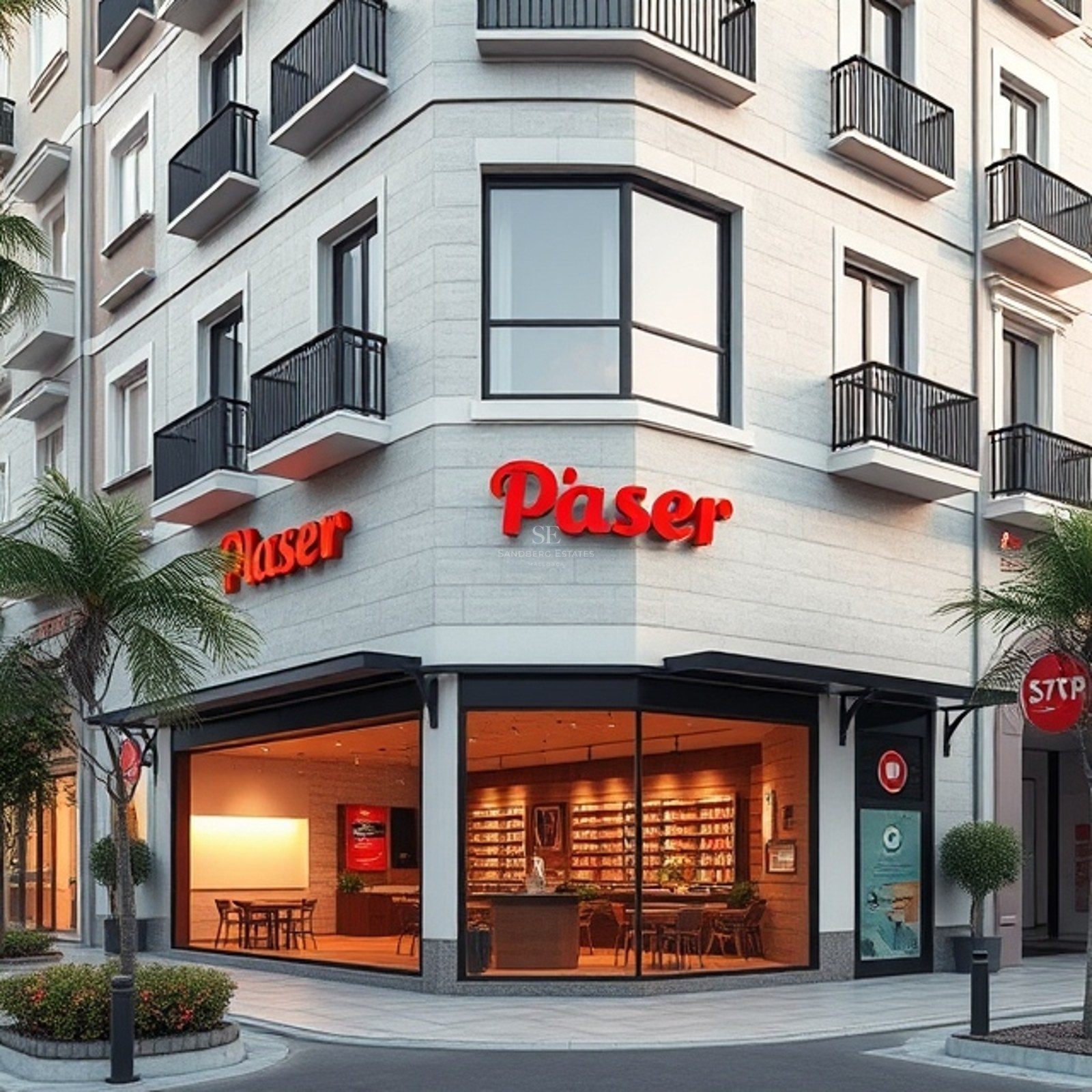 Contemporary corner building featuring natural stone cladding, large glass storefronts, and minimalist black balconies.