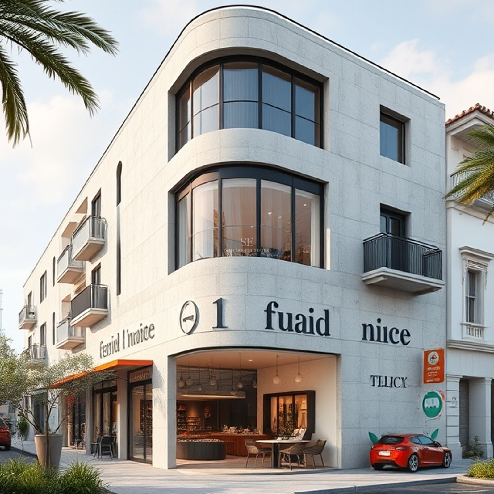 Modern white stone building with curved glass windows and retail space on a sunny street with palm trees.
