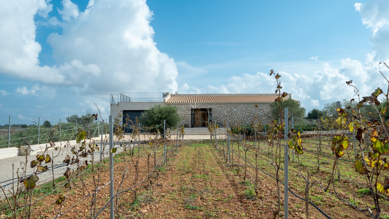 Villa de plain-pied en pierre avec toit en terre cuite derrière un vignoble privé sous un ciel bleu.