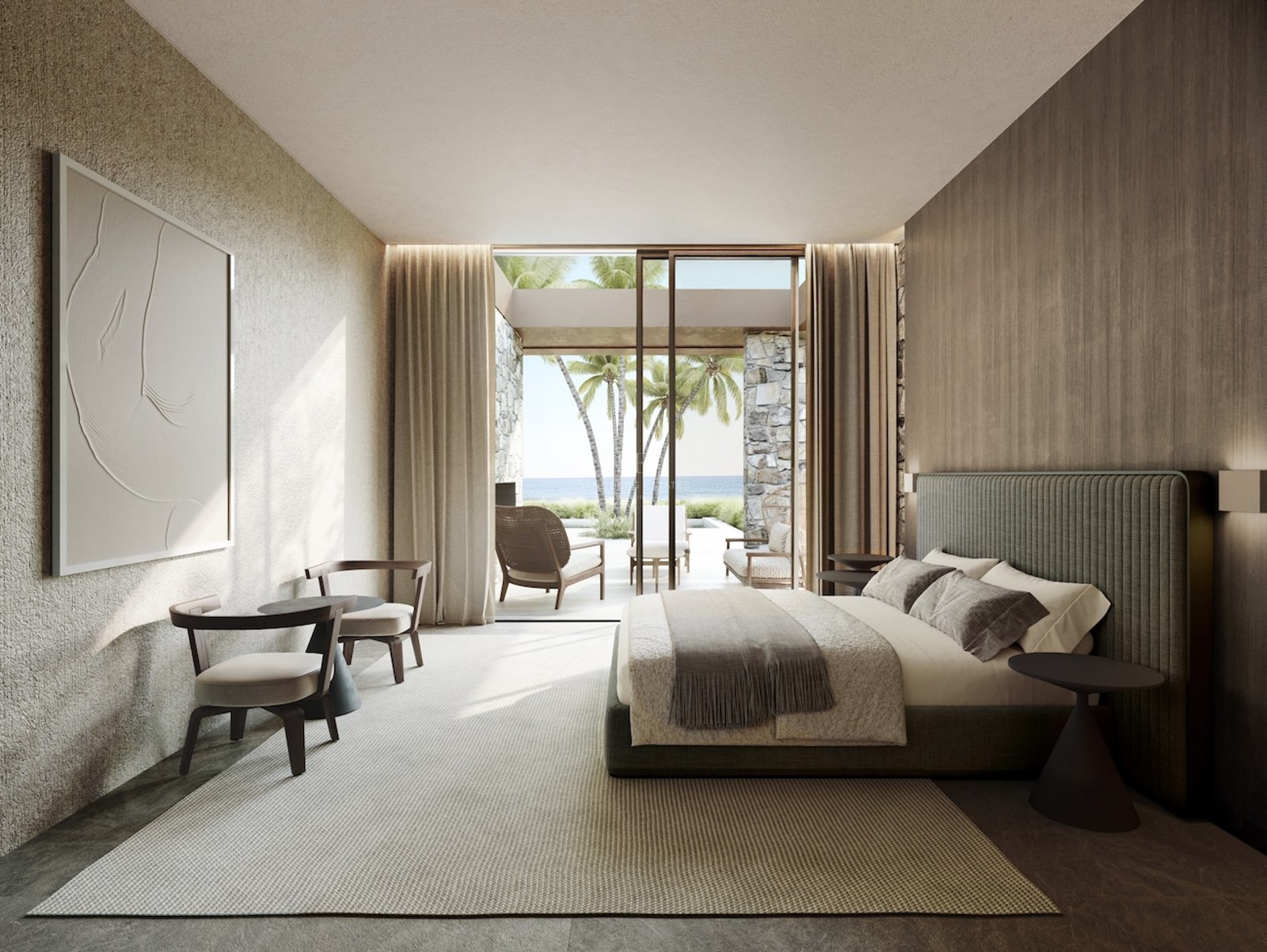 Chambre de maître moderne avec murs texturés et grandes baies vitrées ouvrant sur une terrasse avec vue mer.