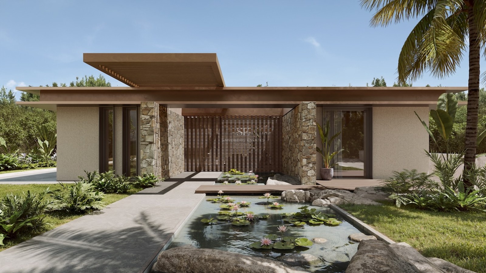 Entrée de villa contemporaine avec bassin de nénuphars, murs en pierre naturelle et pergola en bois.