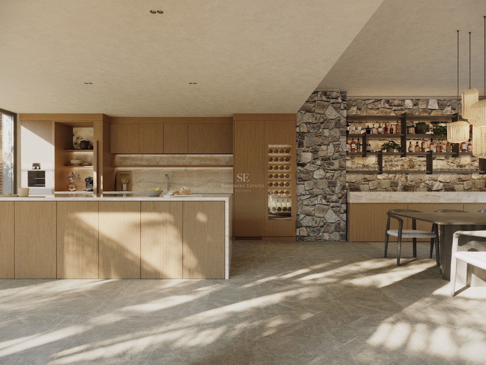 Cuisine moderne avec îlot en bois latté, mur en pierre naturelle, cave à vin intégrée et éclairage naturel chaleureux.
