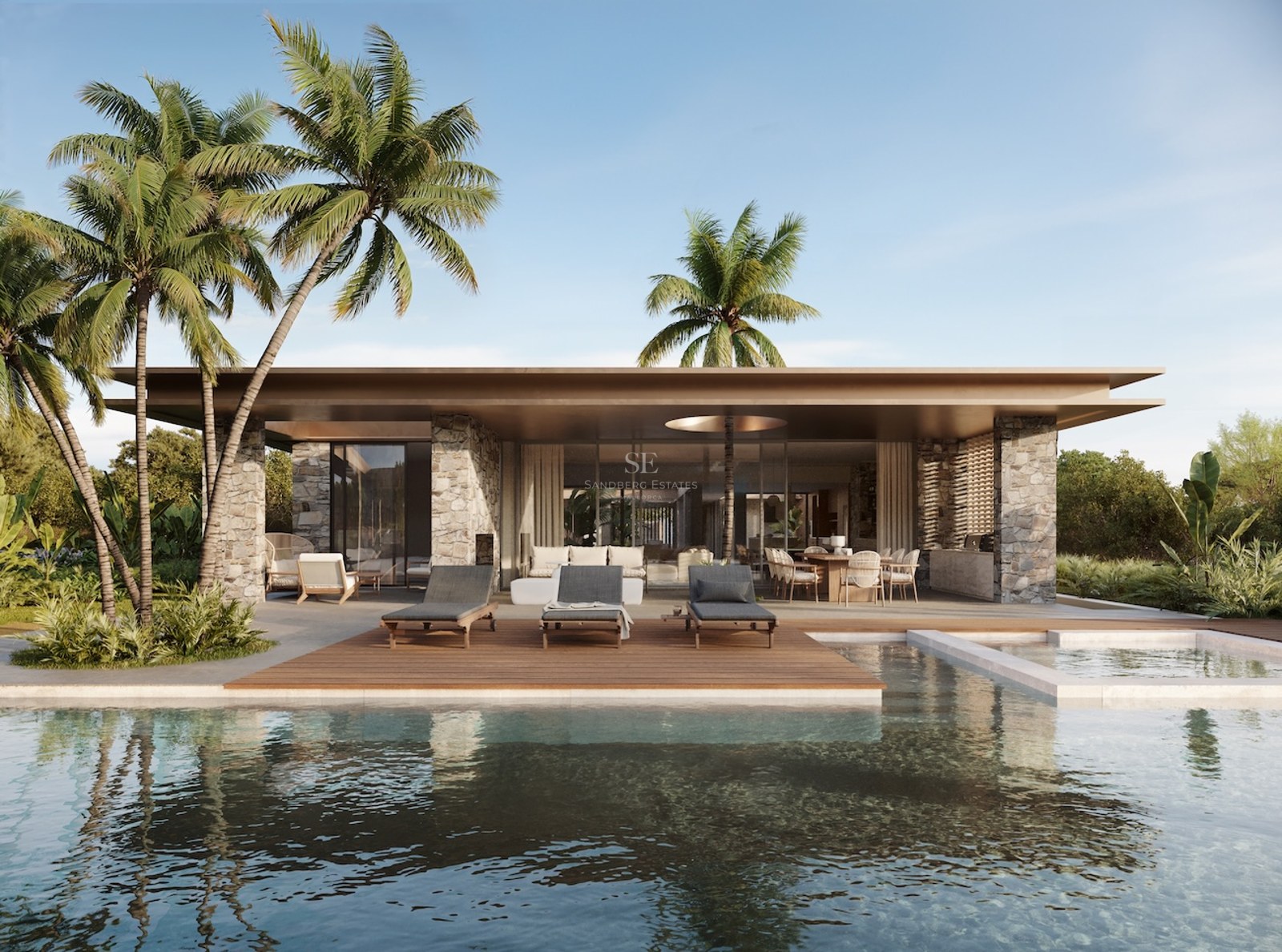 Extérieur de villa moderne avec piscine à débordement, terrasse en bois, piliers en pierre et palmiers.
