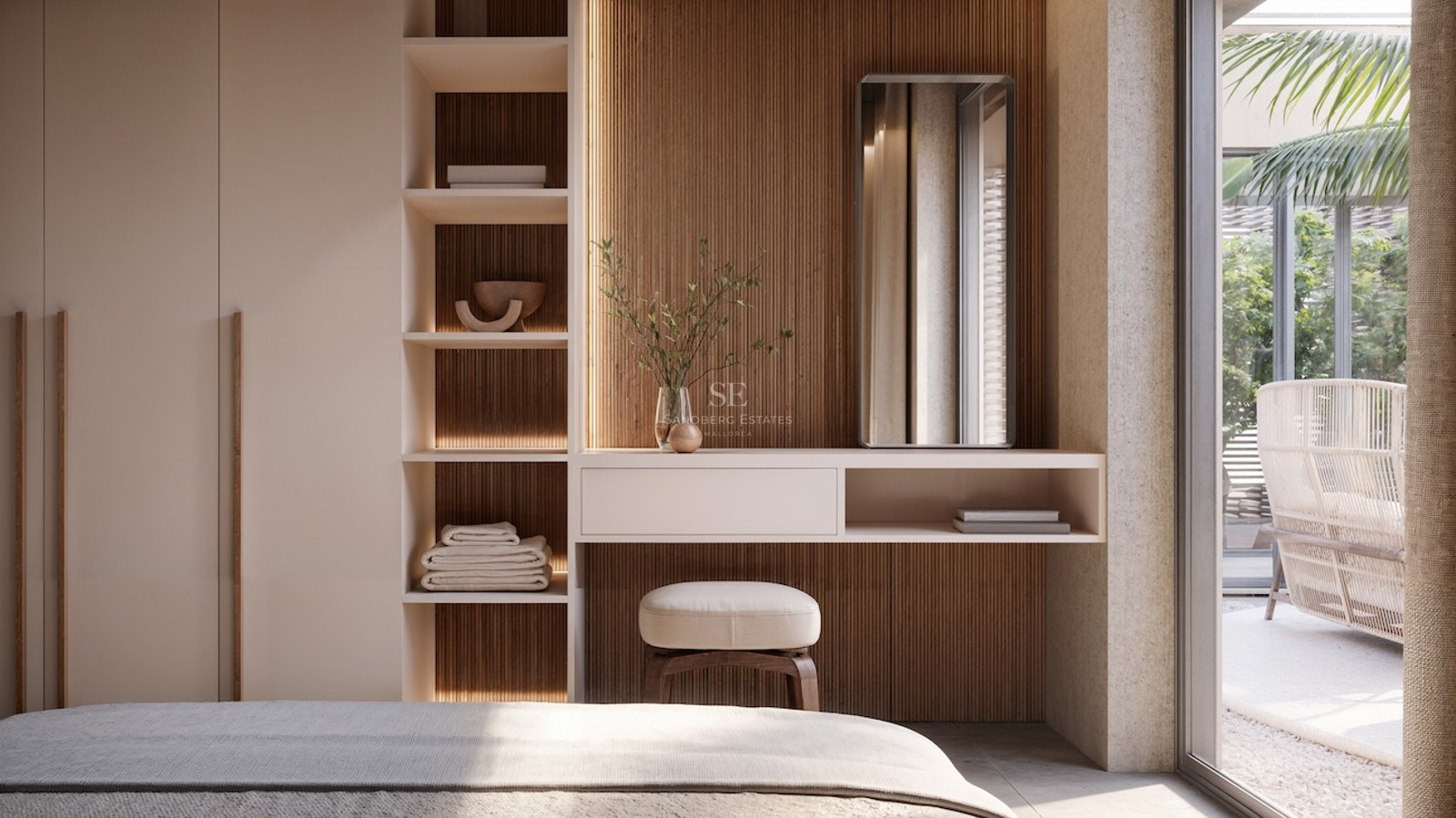 Chambre moderne avec mur en bois latté, coiffeuse minimaliste, placards intégrés et vue terrasse.