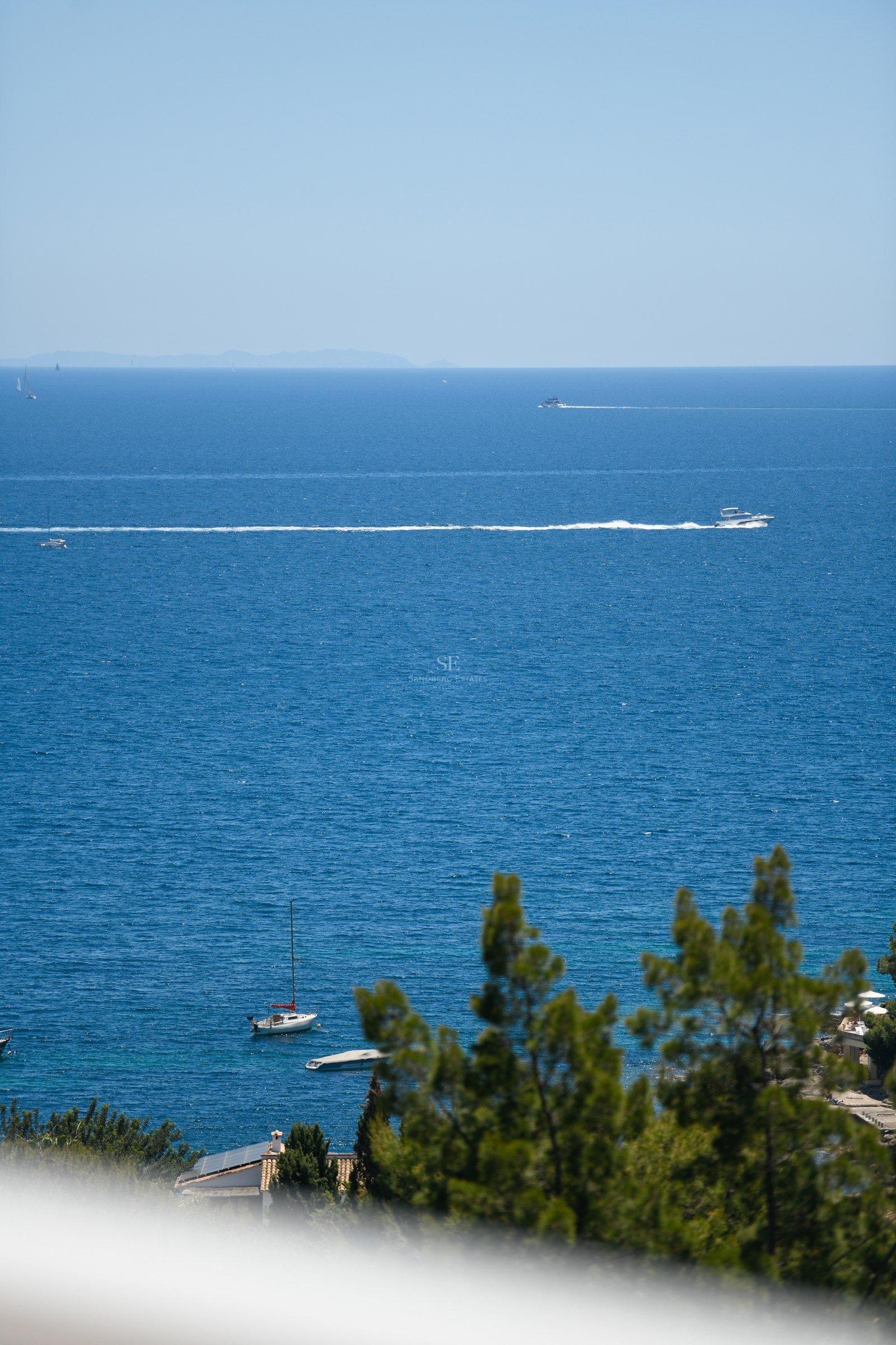 Vista despejada del mar azul con barcos y pinos en primer plano bajo un cielo claro.