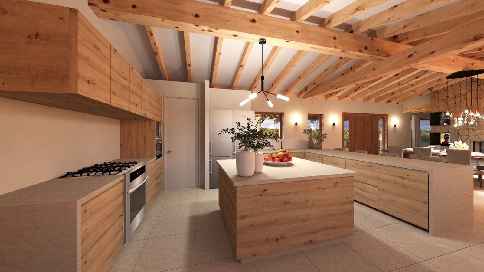 Spacious kitchen featuring exposed wood beams, light oak cabinetry, and a large central island.