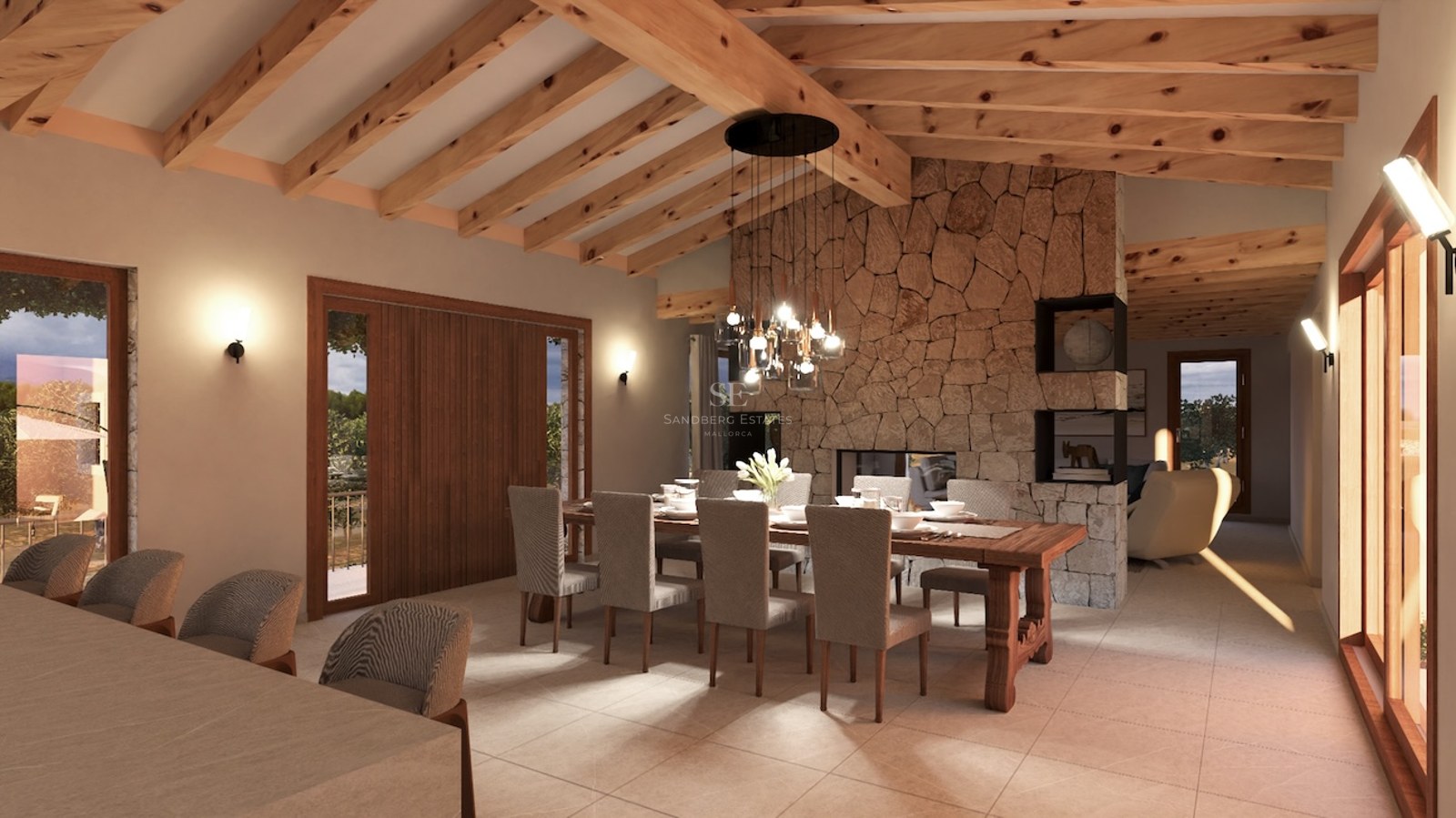 Interior view of a luxury dining room with high wooden beam ceilings, a natural stone feature wall, and a large dining table.