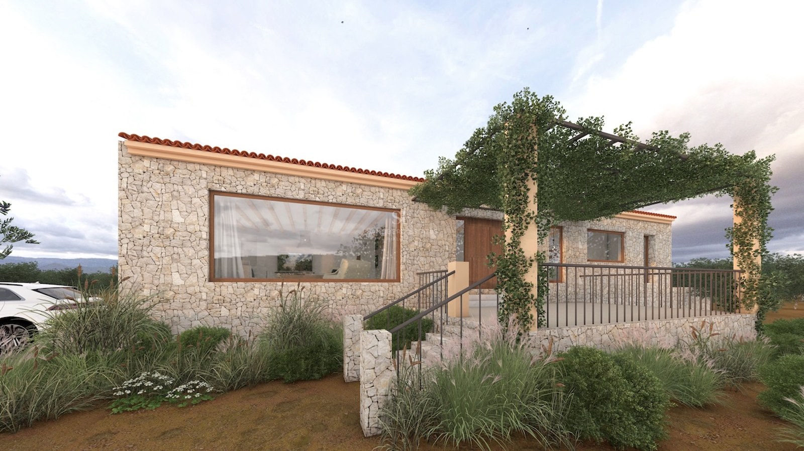 Modern stone villa facade featuring a vine-covered pergola, large windows, and natural Mediterranean landscaping.