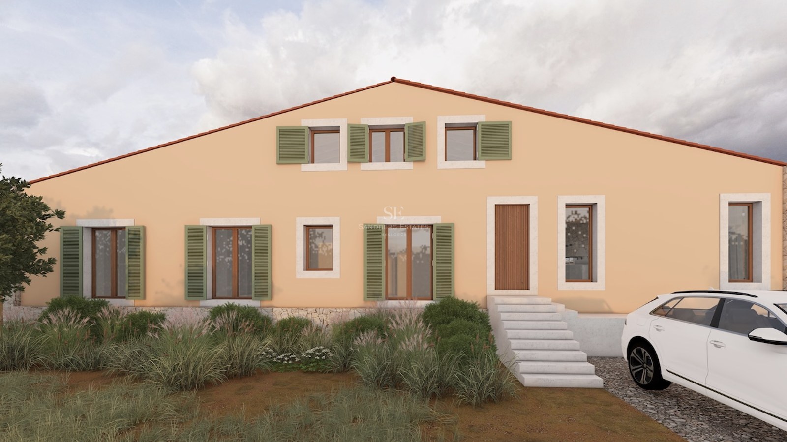 Front exterior of a peach-colored Mediterranean house with green shutters, stone steps, and a white car in the driveway.