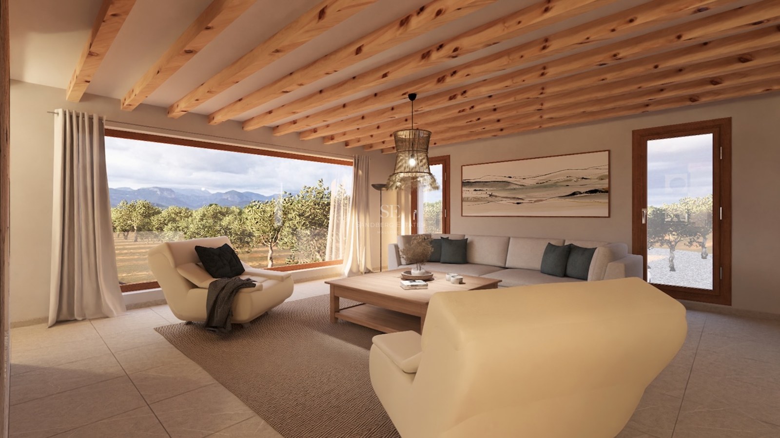 Modern living room featuring exposed wood ceiling beams, cream sofas, and a large window overlooking mountains.