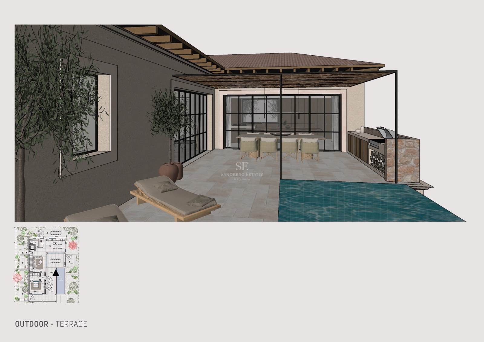3D-Rendering einer modernen Terrasse mit Pool, Essbereich und Außenküche unter einer Holzpergola.