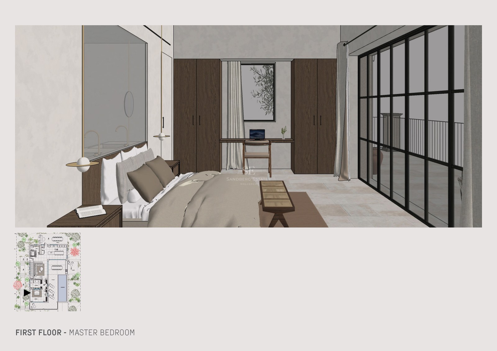 Rendering eines modernen Hauptschlafzimmers mit großem Bett, Arbeitsplatz und Glastüren zum Balkon.