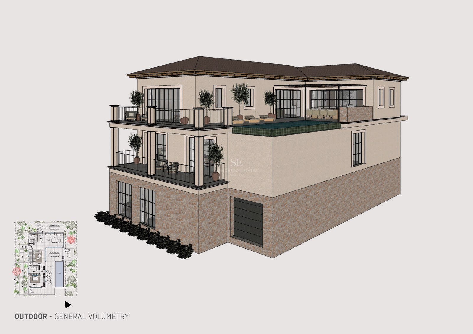 3D-Modell einer dreistöckigen mediterranen Villa mit Steinmauern, großen Terrassen und einem erhöhten Pool.