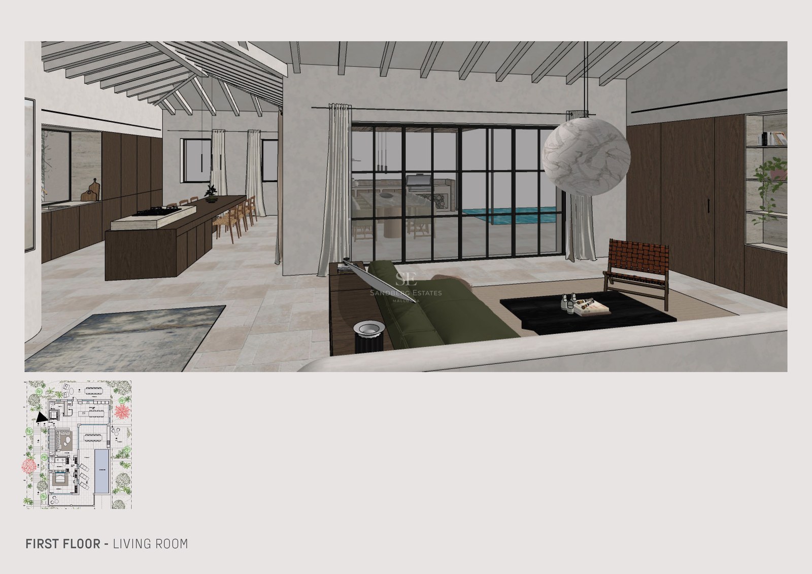 Elegantes modernes Wohnzimmer mit hohen Holzdecken, grünem Sofa und großen Glasfronten mit Blick auf einen Pool.