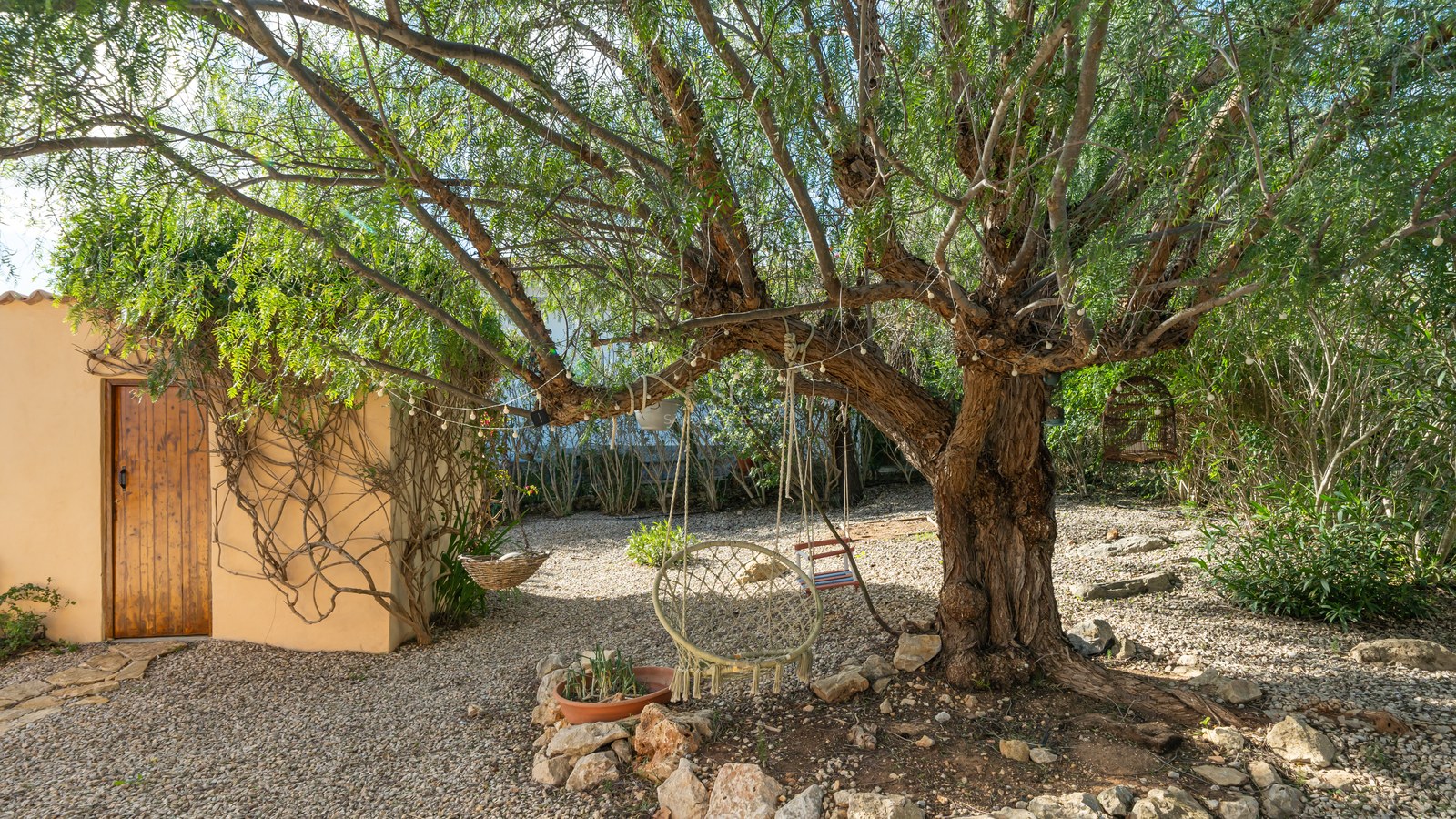 Gran árbol con columpio de macramé y guirnaldas de luces en un jardín de grava junto a una casita de piedra.