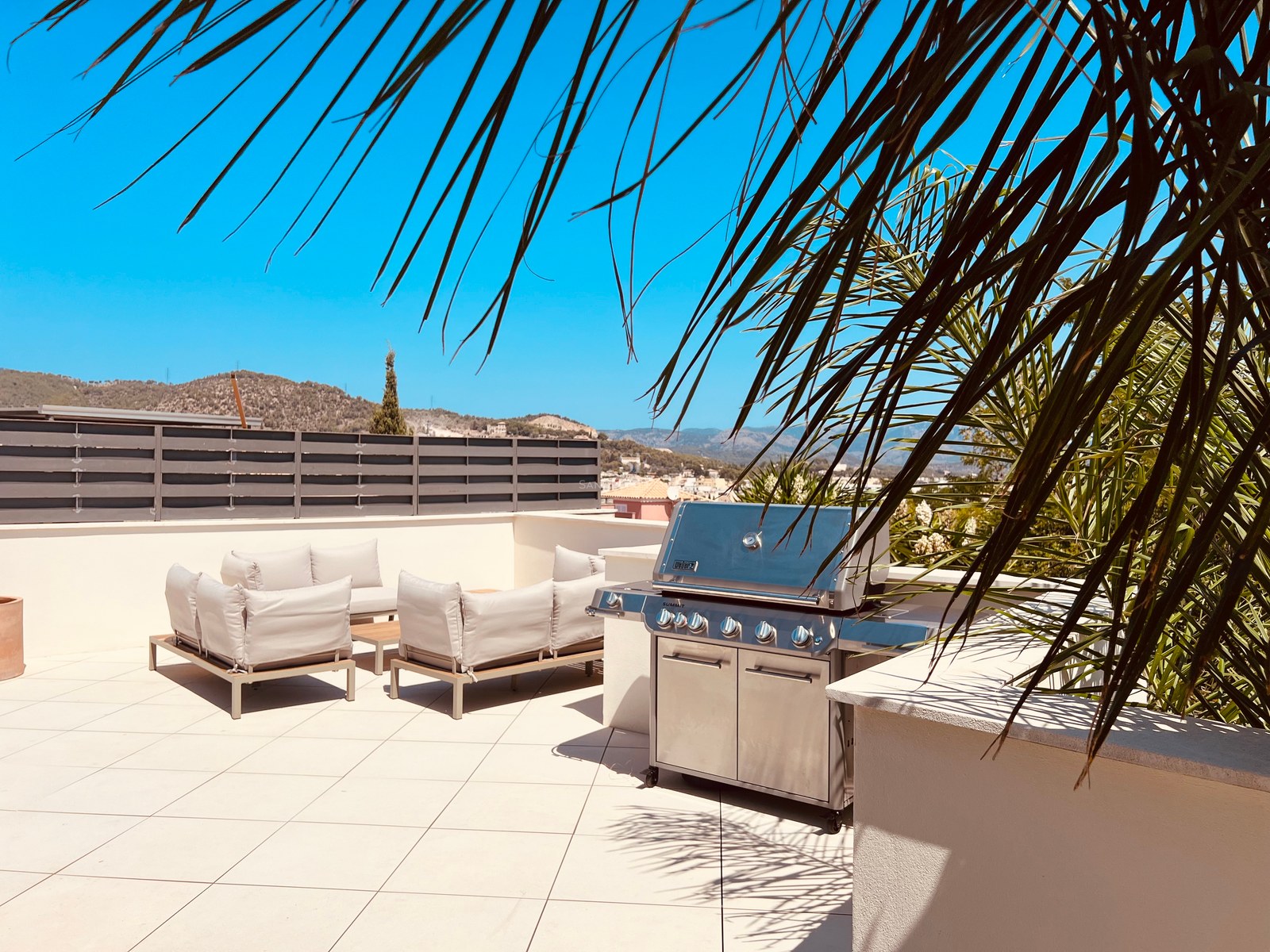 Sun-drenched rooftop terrace featuring a large stainless steel grill, modern lounge seating, and mountain backdrop.