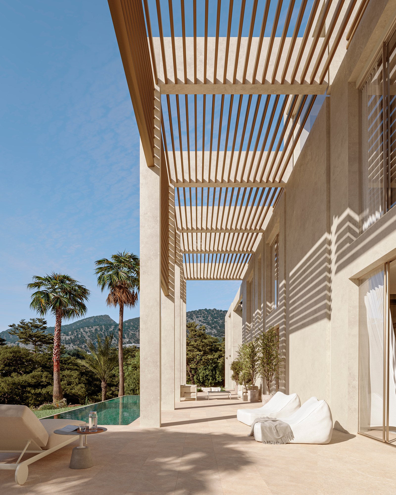 Modern stone terrace featuring a wooden slatted pergola, lounge seating, and a pool overlooking mountains.