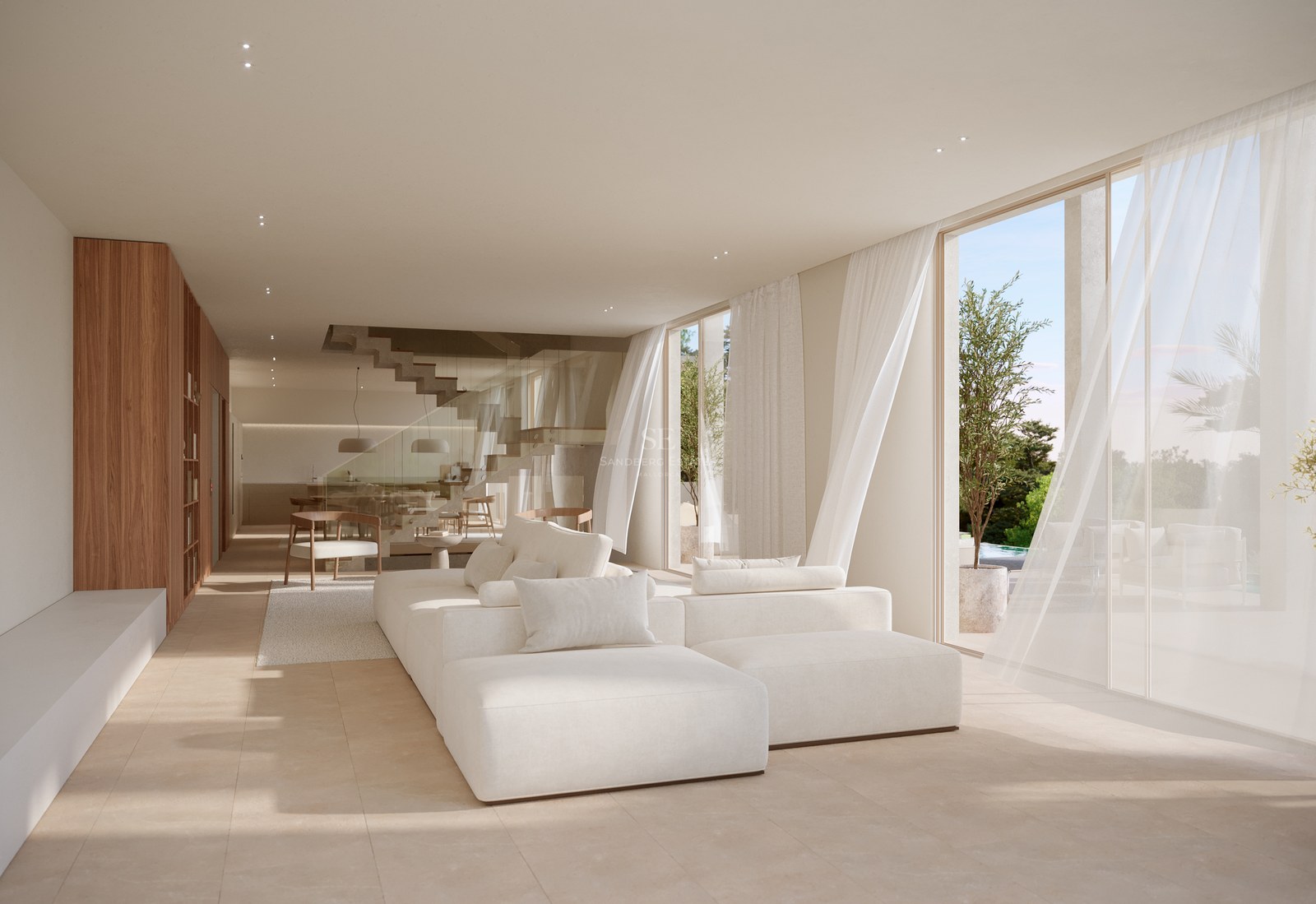 Bright living room with a large white modular sofa, floor-to-ceiling windows, and natural stone flooring.