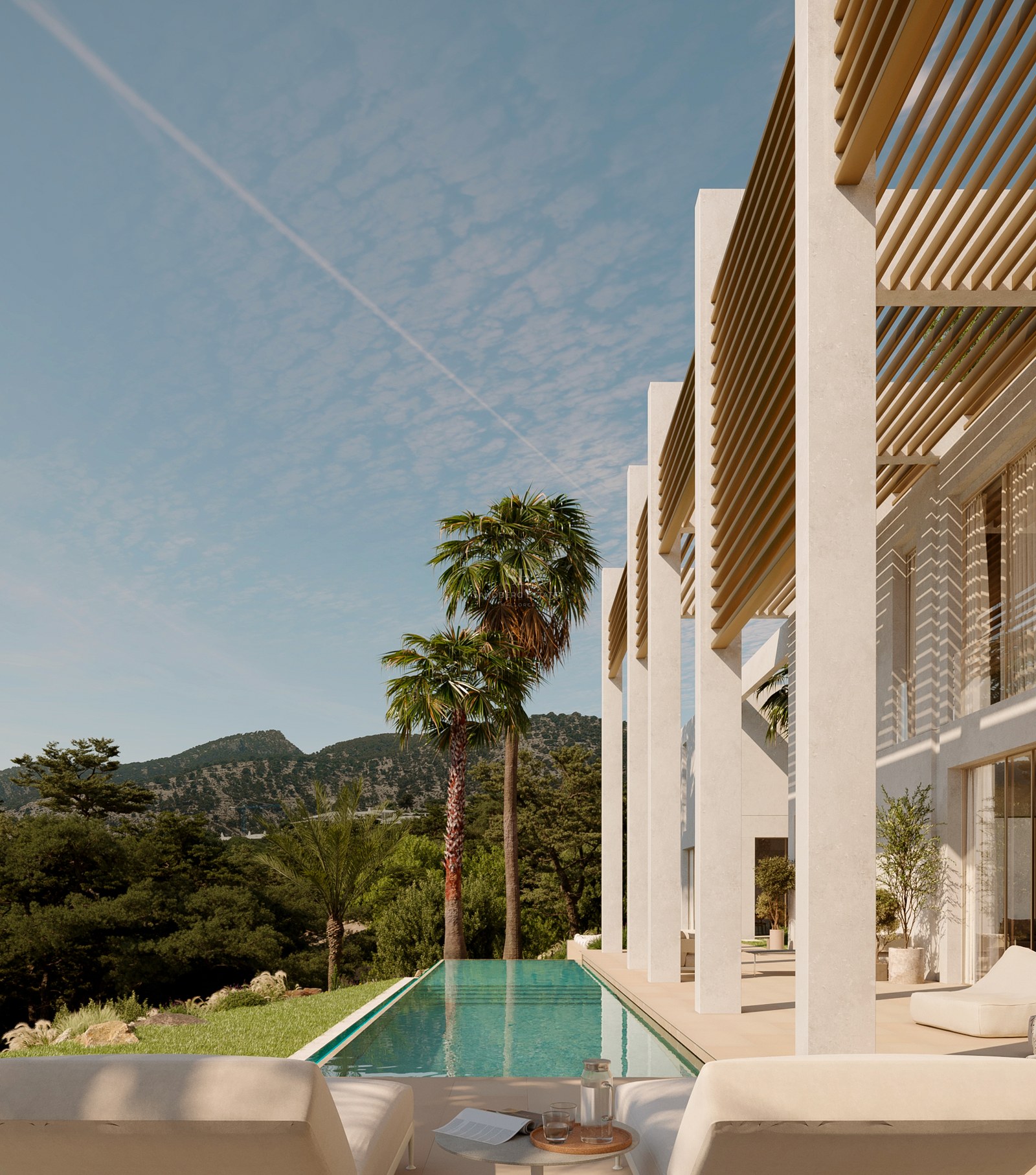 Modern white villa featuring a long infinity pool, wooden pergolas, and palm trees against a mountain backdrop.