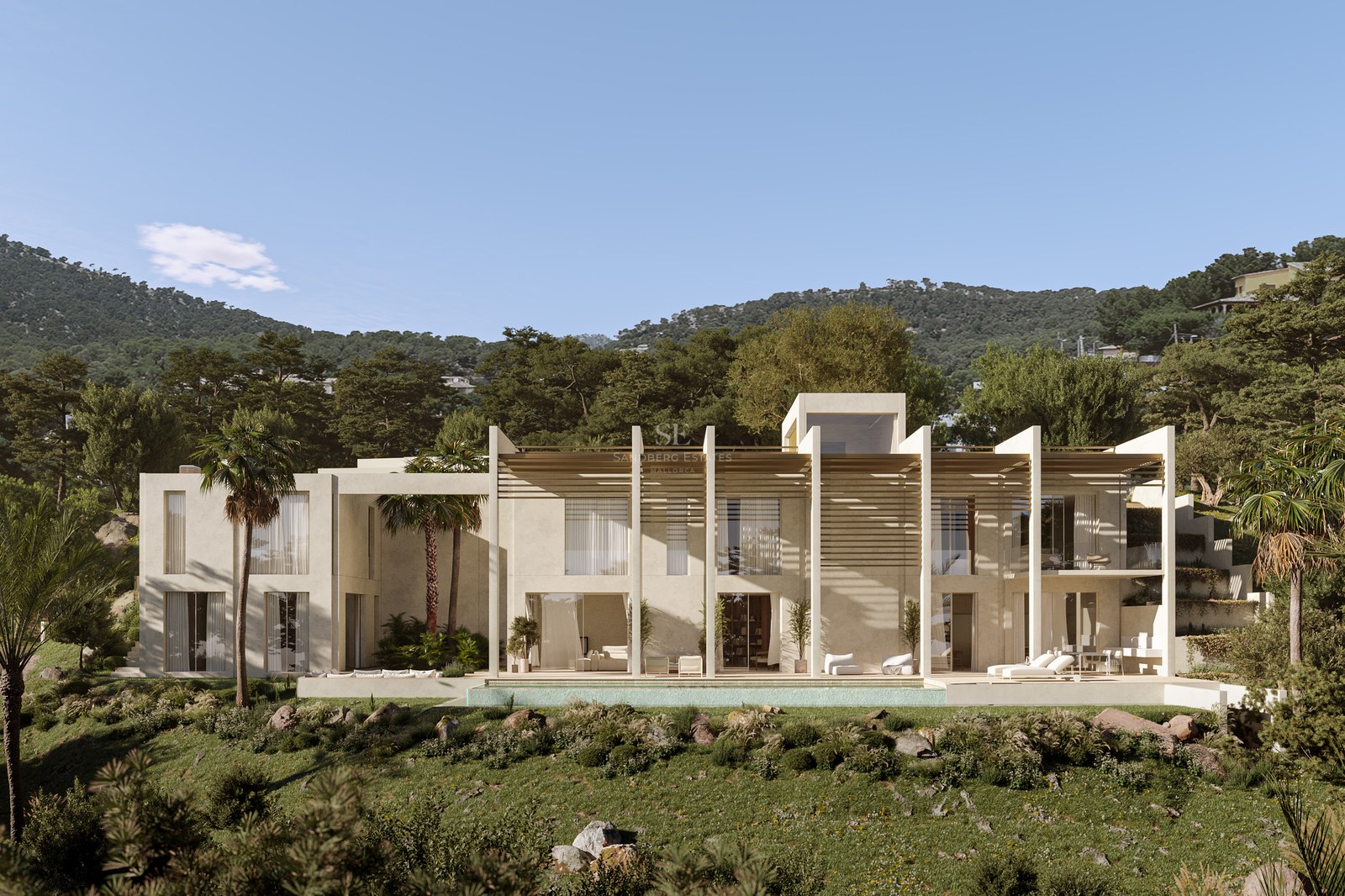 Contemporary two-story white stone villa with long infinity pool, wood pergolas, and mountains in the background.