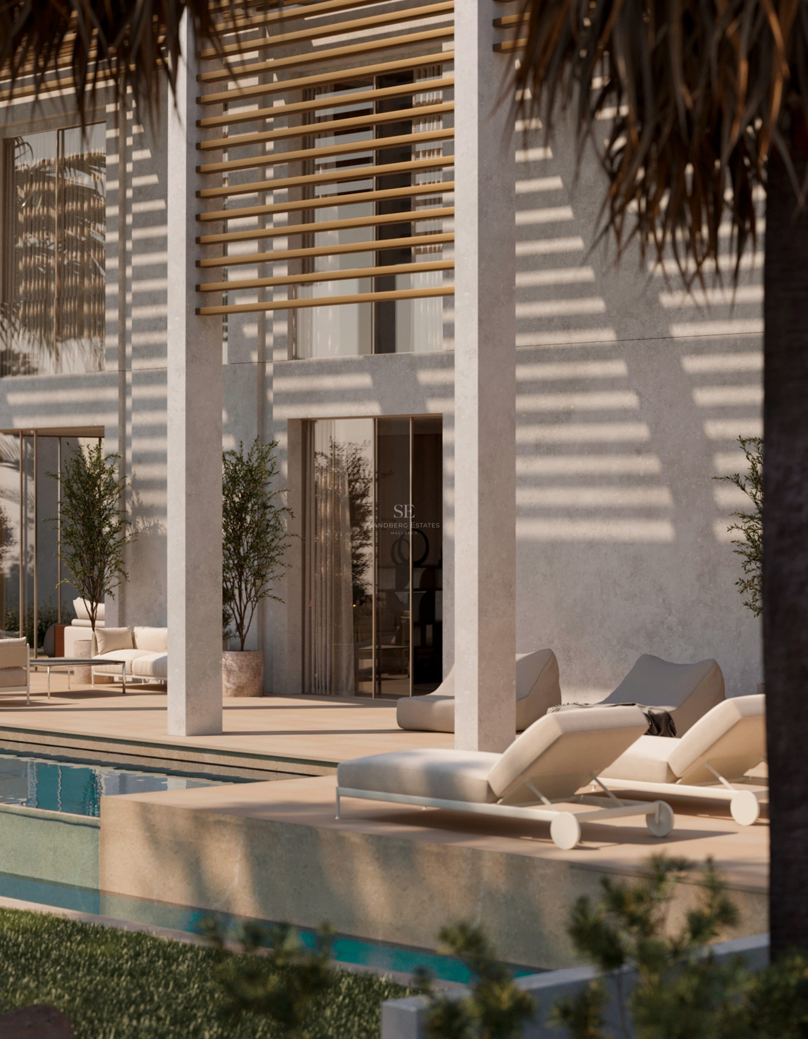 Modern villa exterior featuring a swimming pool, white sun loungers, and architectural shadow patterns on a stone facade.