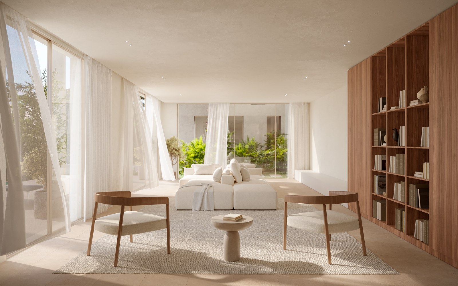 Bright living room with white modular sofa, two wooden armchairs, and floor-to-ceiling windows overlooking a garden.