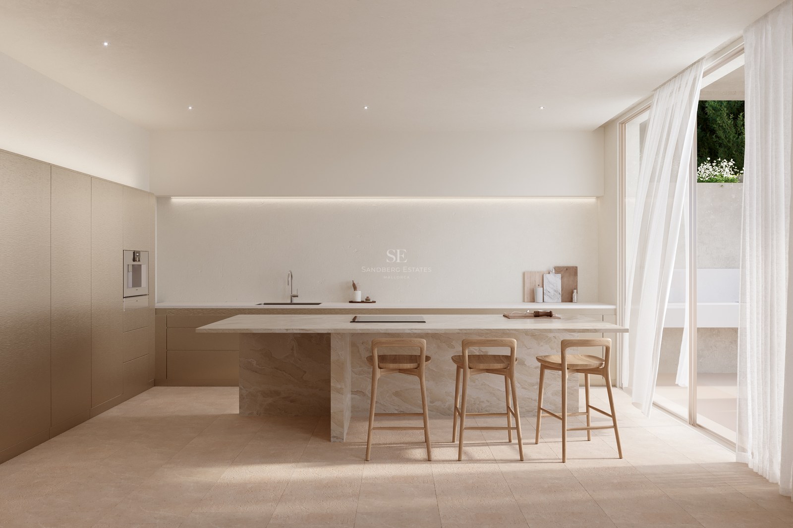 A neutral-toned kitchen featuring a large marble island with three wooden bar stools and integrated linear lighting.