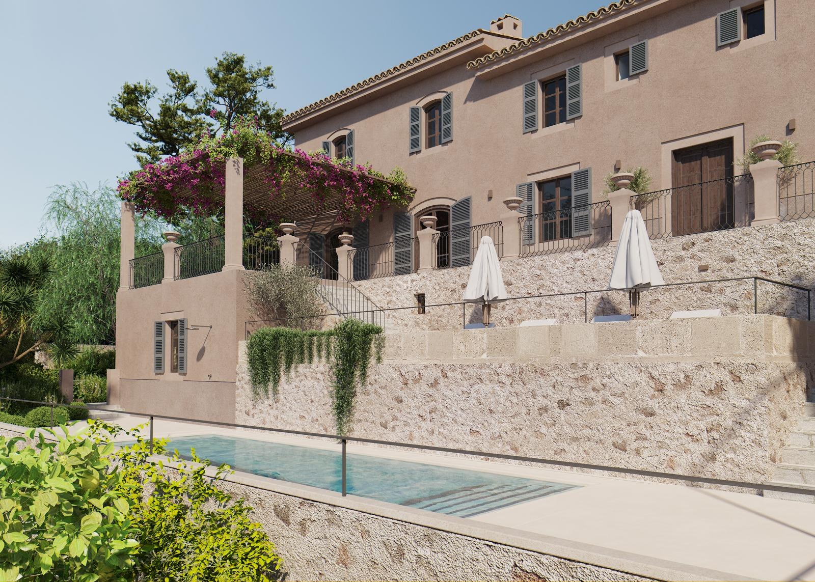 Villa en pierre avec piscine, terrasses à plusieurs niveaux et pergola de bougainvilliers sous un ciel bleu.