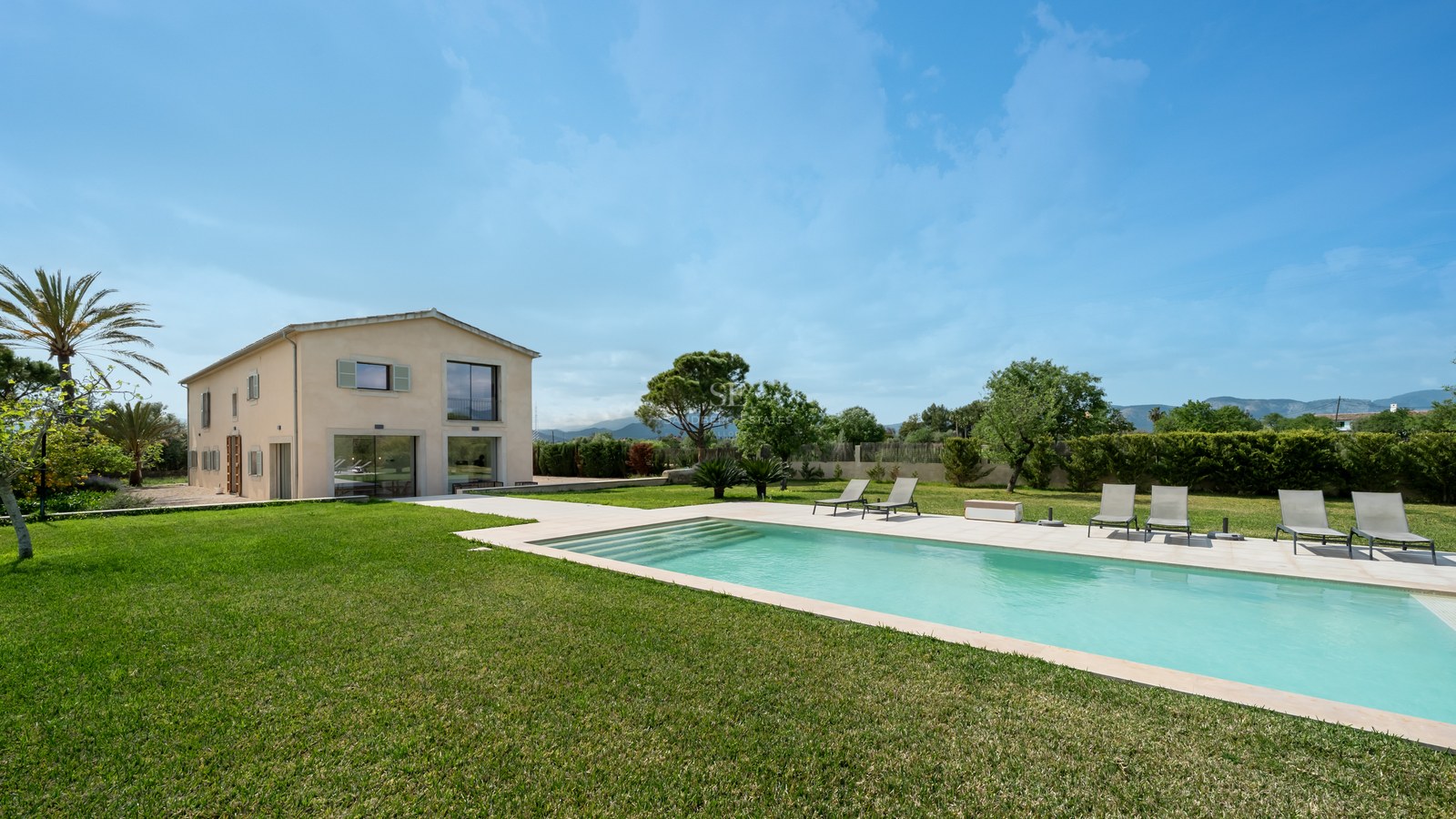 Rektangulär pool med solstolar på en grön gräsmatta framför en modern beige villa under en klarblå himmel.
