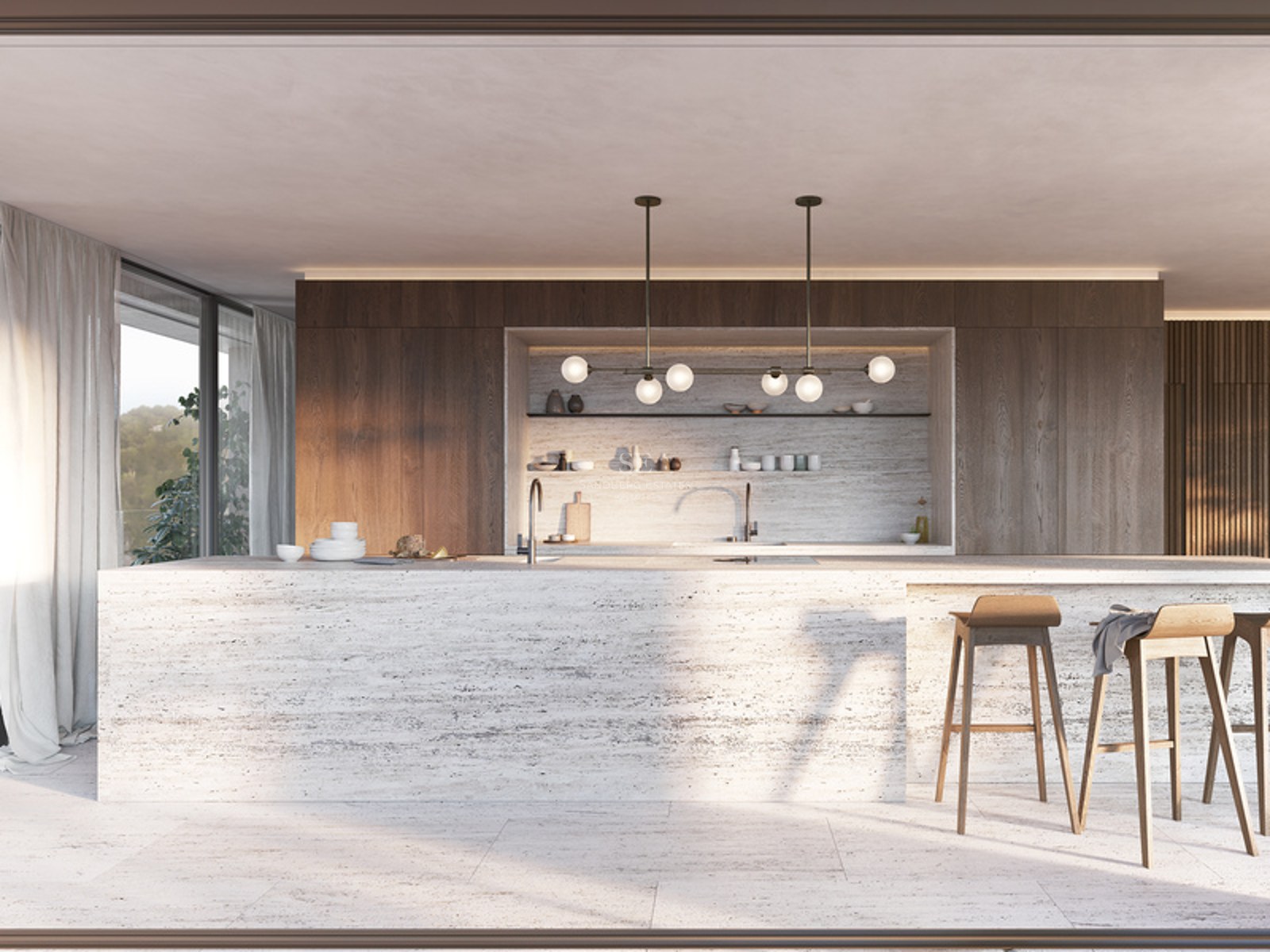 Minimalist kitchen featuring a massive travertine stone island, dark wood cabinetry, and designer pendant lighting.