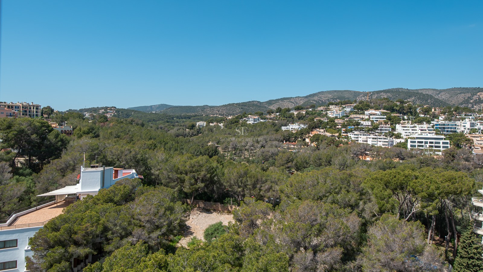Elevated view overlooking a lush green pine forest and white villas nestled in a mountain hillside under a clear blue sky.
