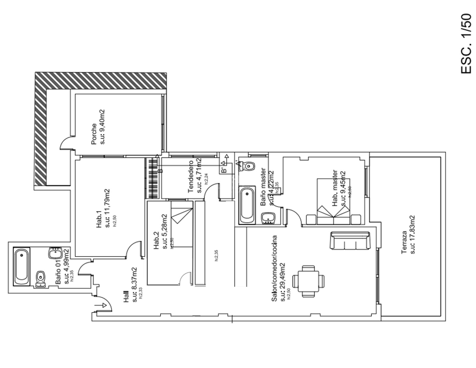 Plano técnico arquitectónico que muestra la distribución de un apartamento de tres dormitorios con terraza.