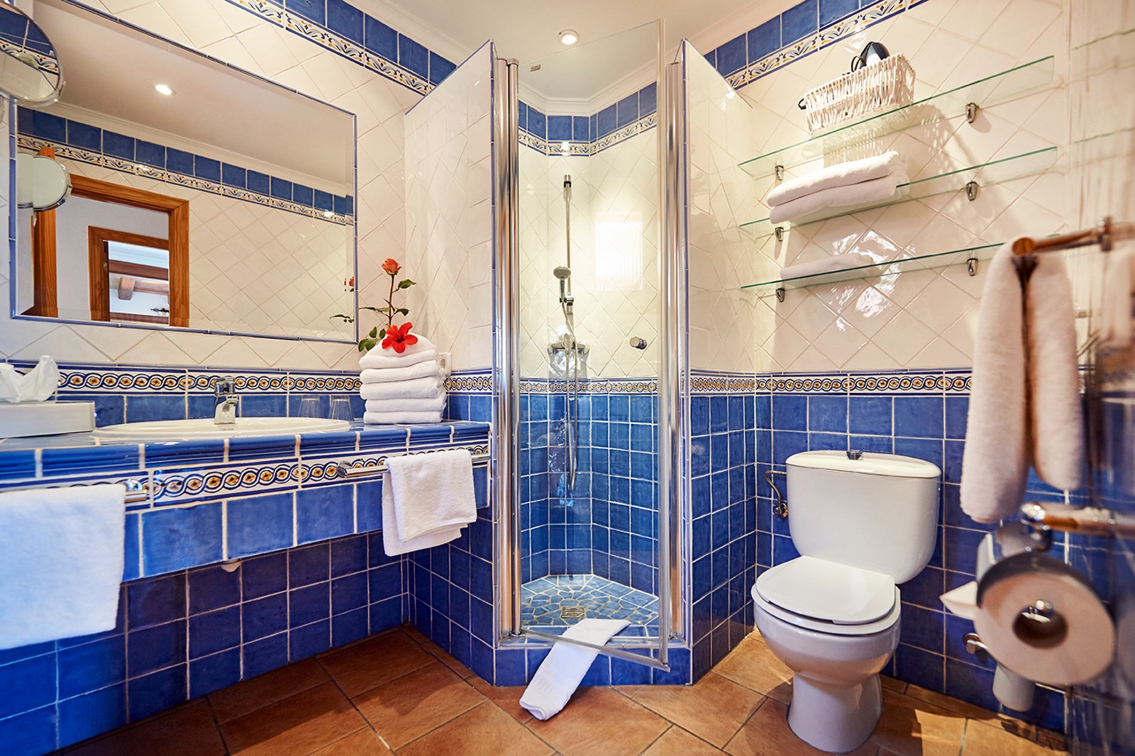 Badezimmer mit blau-weißen Fliesen, Glasdusche, Terrakottaboden und großem Spiegel.