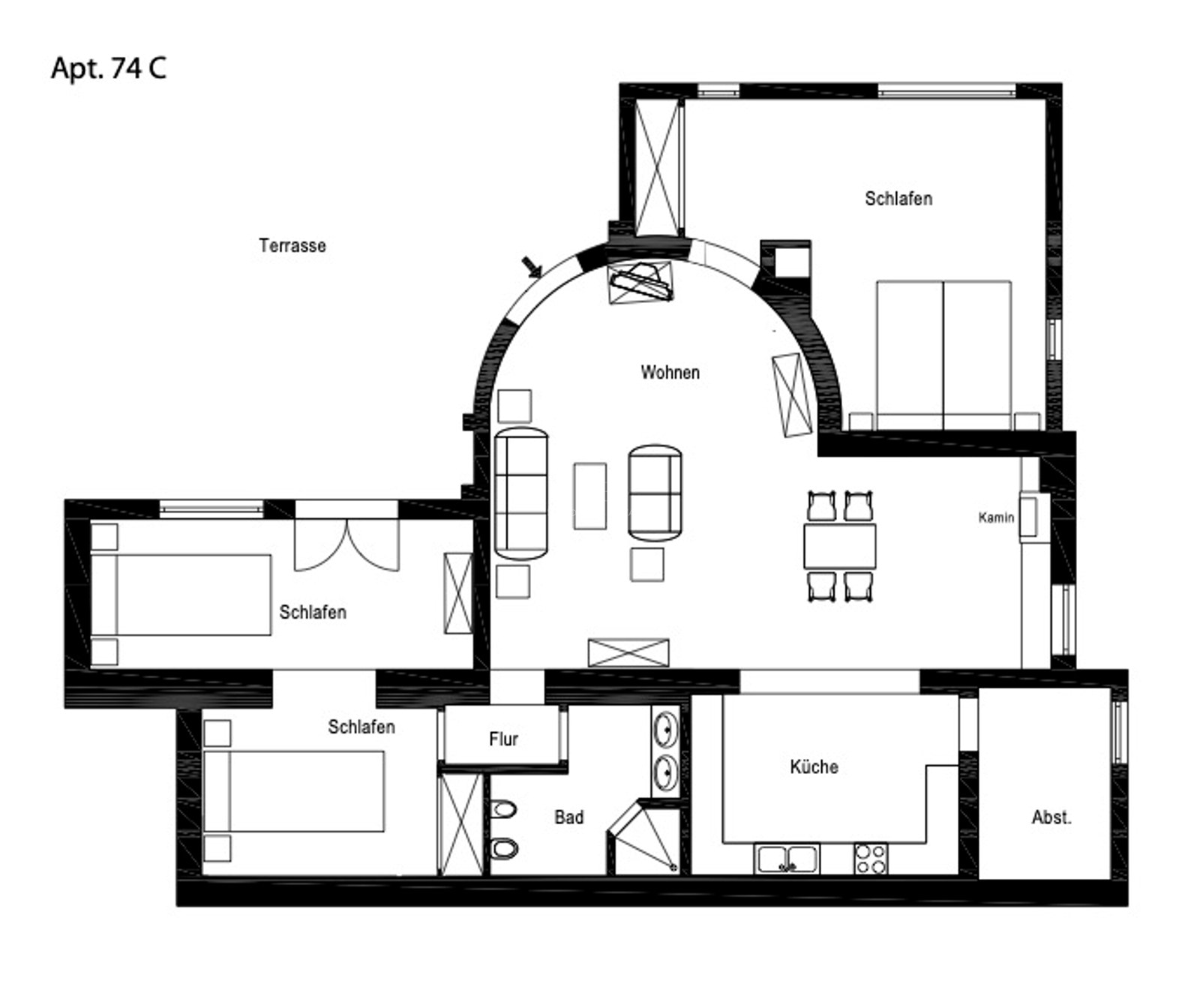 2D-Grundriss einer Wohnung mit drei Schlafzimmern, großem Wohnbereich, Küche und Terrasse.