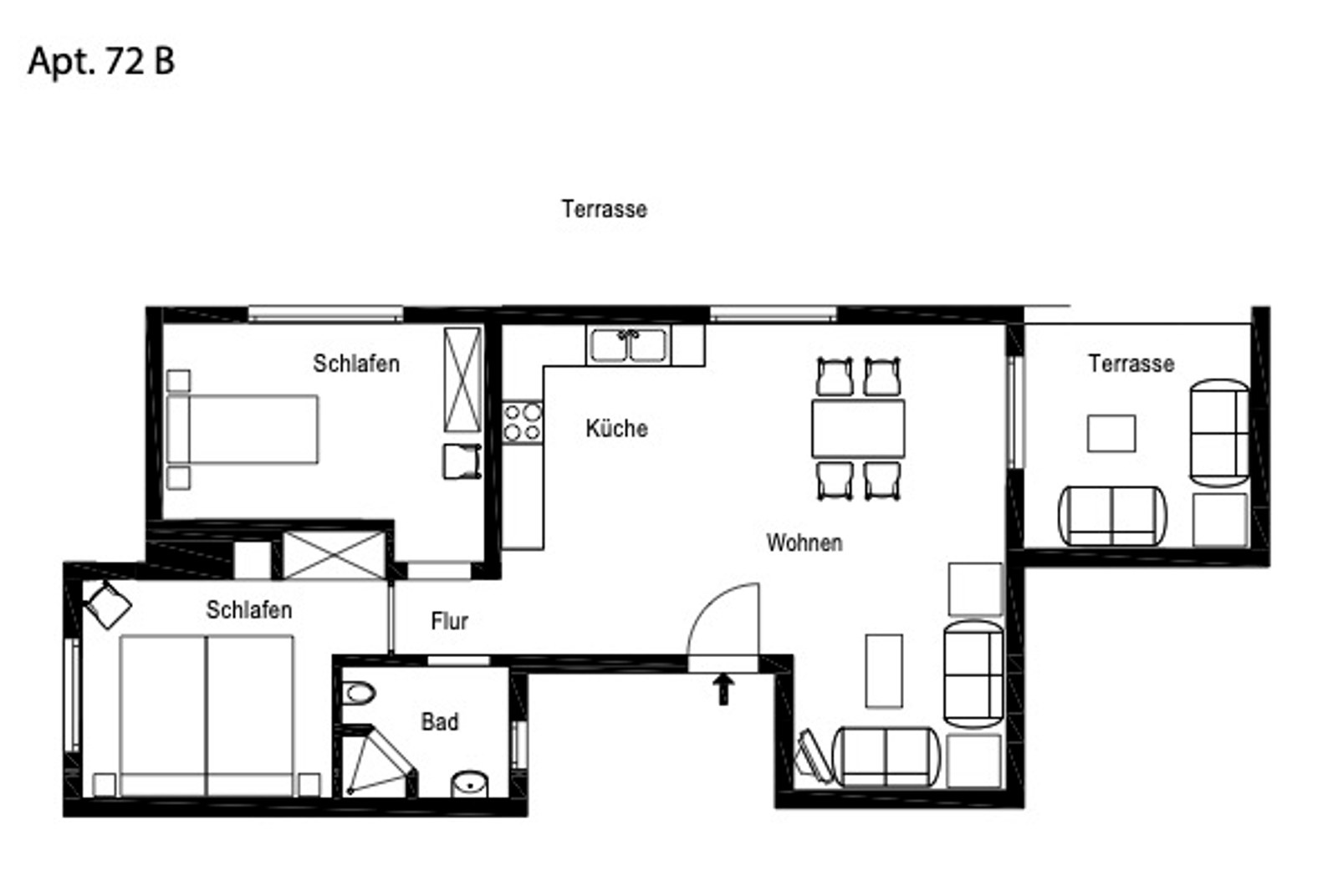 2D arkitektonisk planritning som visar två sovrum, kök, vardagsrum/matsal, badrum och en stor terrass.