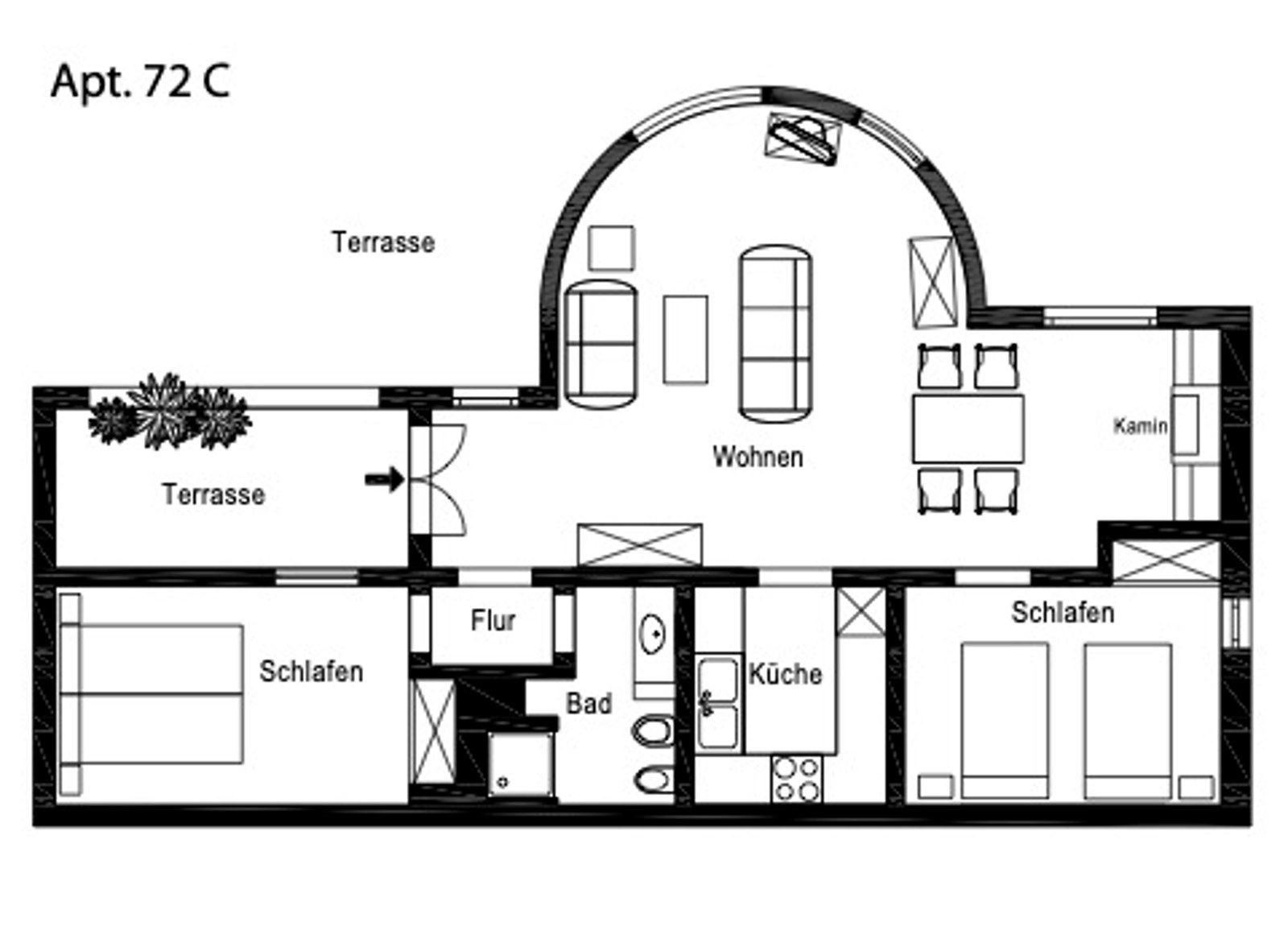 Svartvit 2D arkitektonisk planritning av en lägenhet med ett cirkulärt vardagsrum och två sovrum.