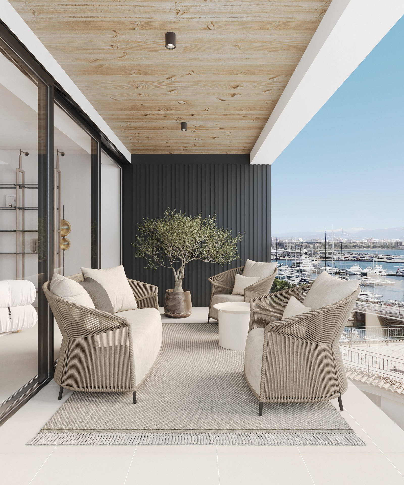 Luxury terrace with woven furniture, wooden ceiling, and glass railing overlooking a yacht marina.