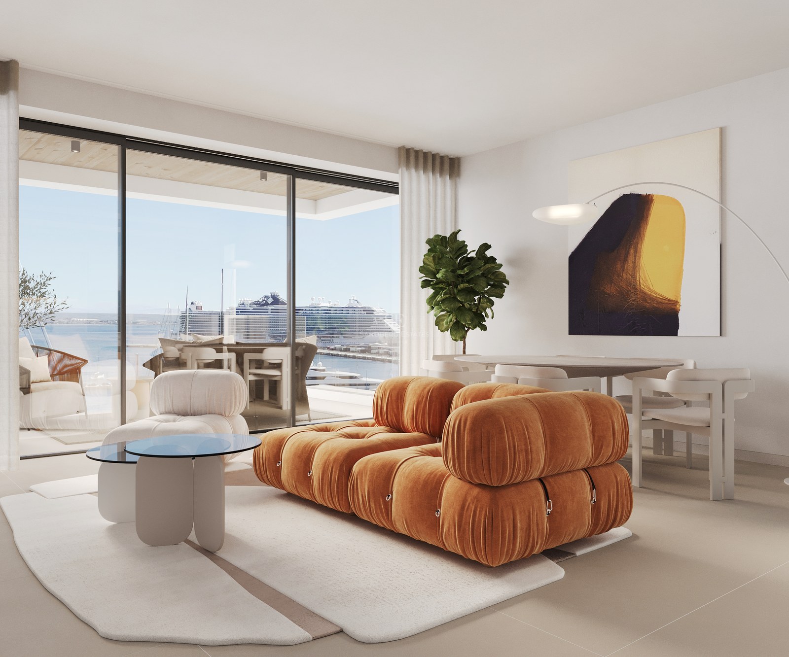 Modernes Wohnzimmer mit terrakottafarbenem Modulsofa, bodentiefen Fenstern und Blick auf einen Mittelmeerhafen.