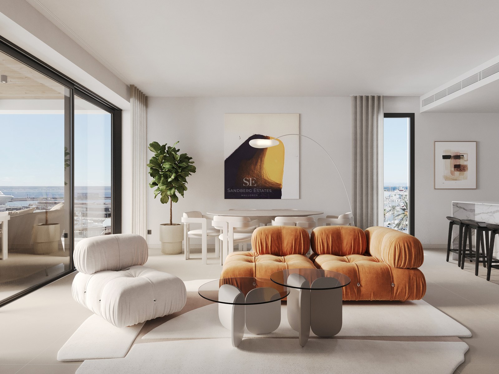 Modern living room with orange velvet sofa, floor-to-ceiling windows showing a marina, and marble kitchen island.
