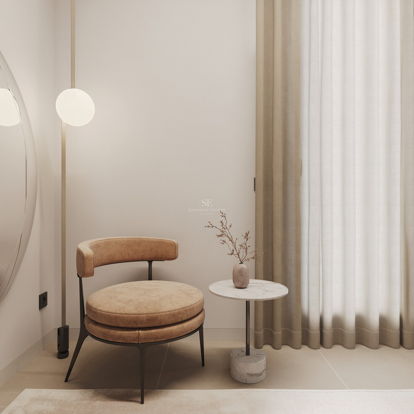 Modern leather armchair next to a marble side table and floor-to-ceiling designer lamp in a minimalist room.