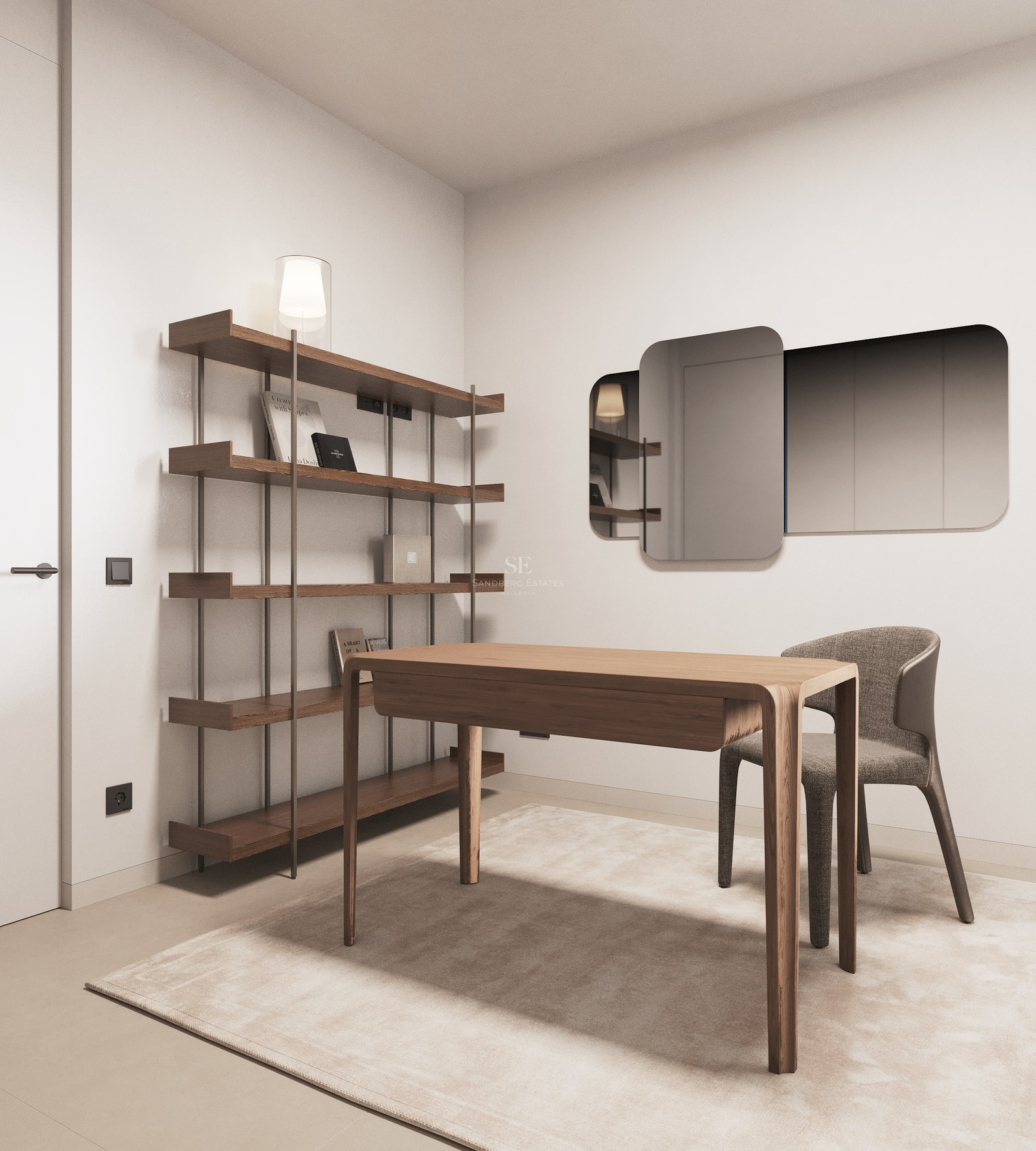 Modern office featuring a wooden desk, grey chair, open shelving, and decorative mirrors on a neutral wall.