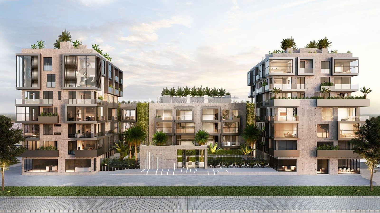 Luxury residential building with fair-faced concrete, floor-to-ceiling windows, and rooftop palm trees at dusk.